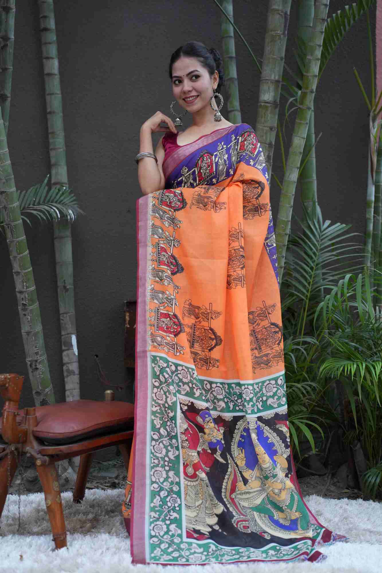 Soft Linen Cotton Digital Madhubani Mythological Printed with Maa Saraswati palla Ready To Wear Saree