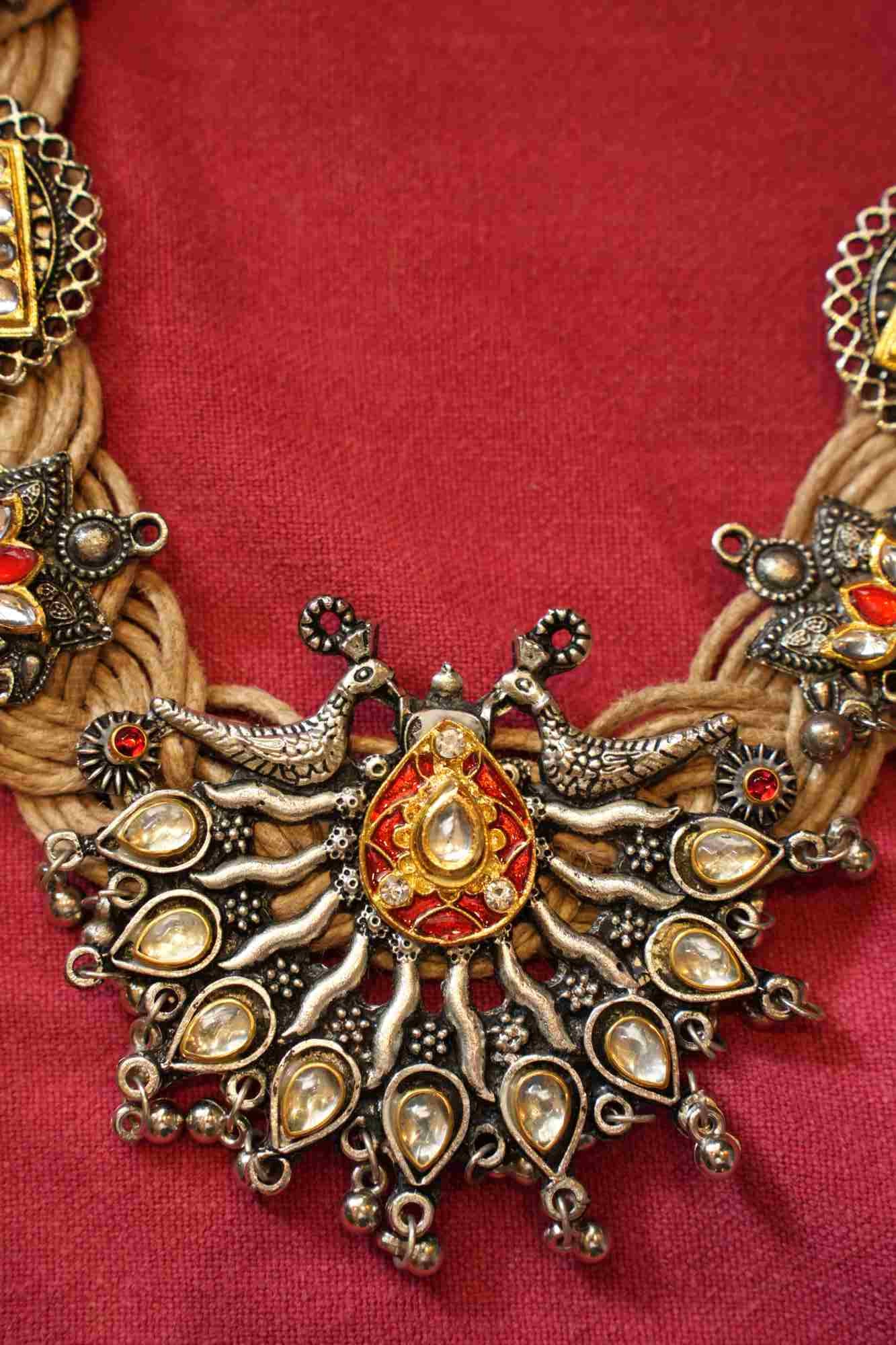 Brass and Jute Oxidised Silver Kundan-Studded Divine Motif Crochet Necklace