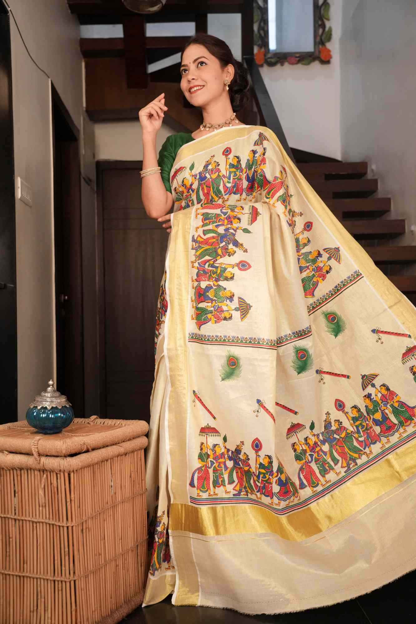 Mural Printed Kerala Kassuv With Golden Zari Solid Border Ready To Wear Saree