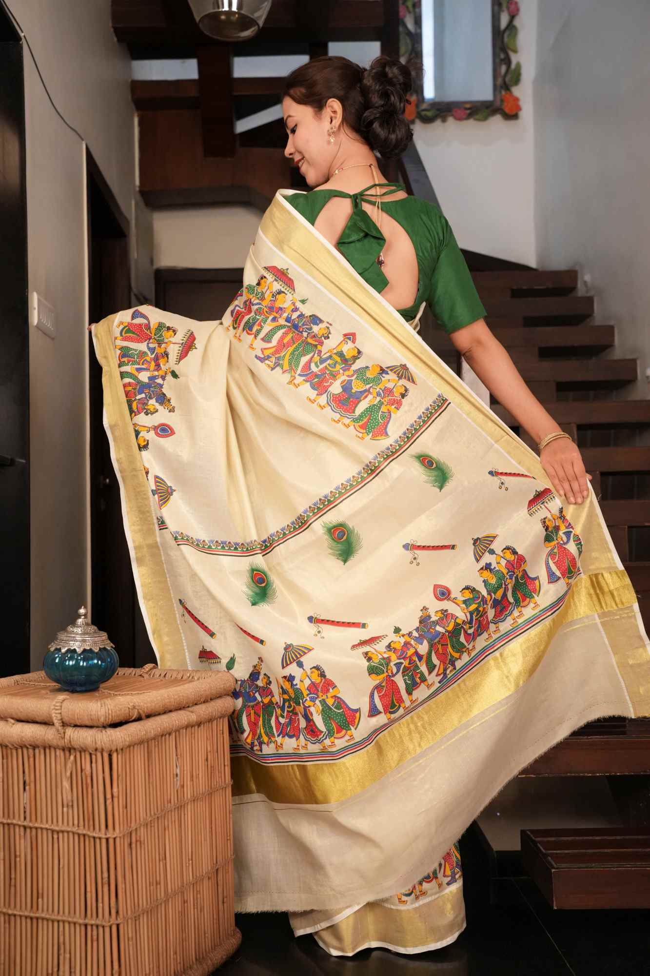 Mural Printed Kerala Kassuv With Golden Zari Solid Border Ready To Wear Saree