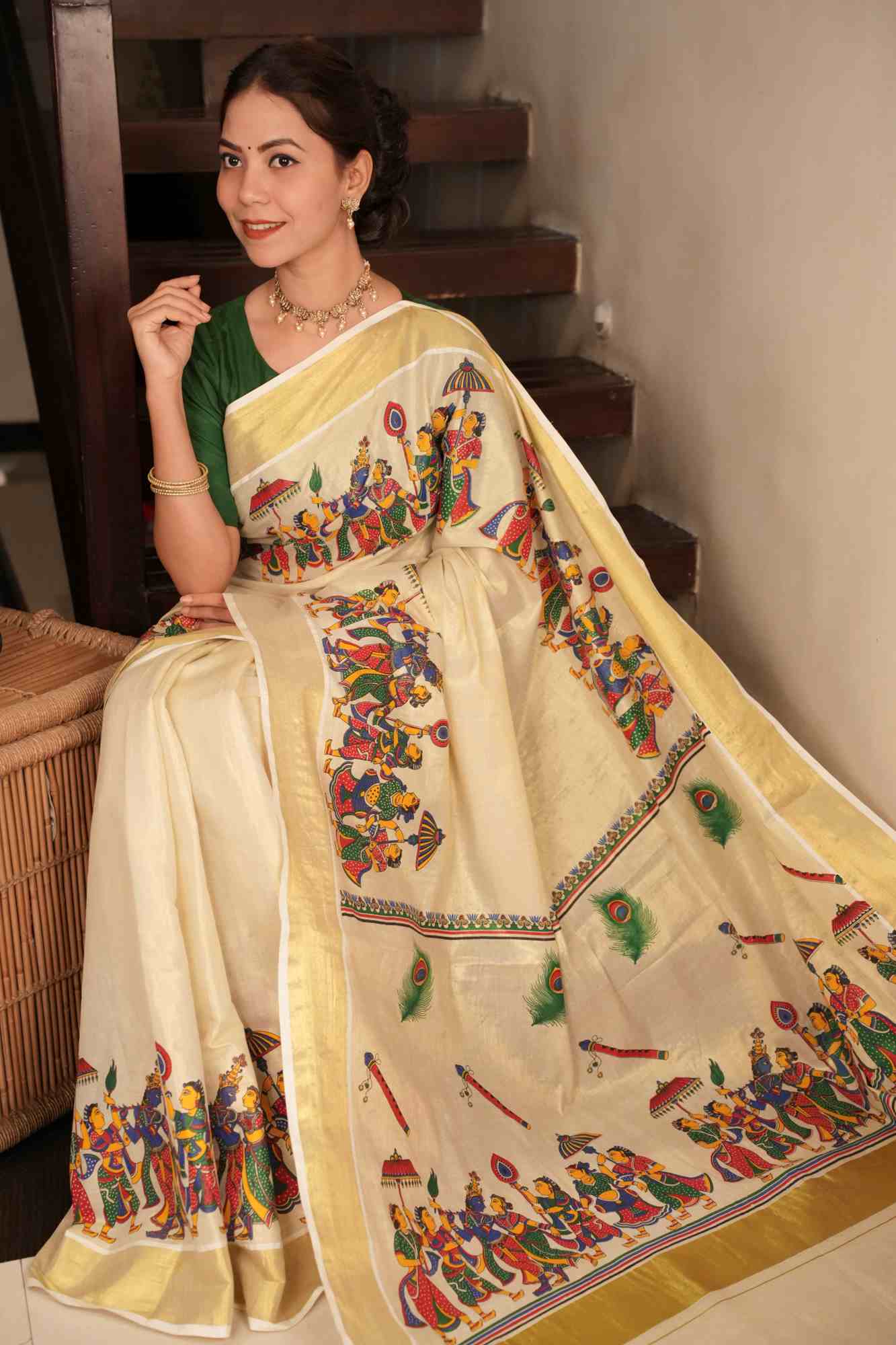 Mural Printed Kerala Kassuv With Golden Zari Solid Border Ready To Wear Saree