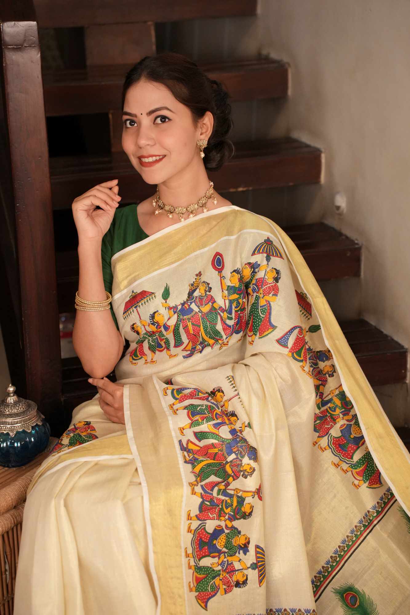 Mural Printed Kerala Kassuv With Golden Zari Solid Border Ready To Wear Saree