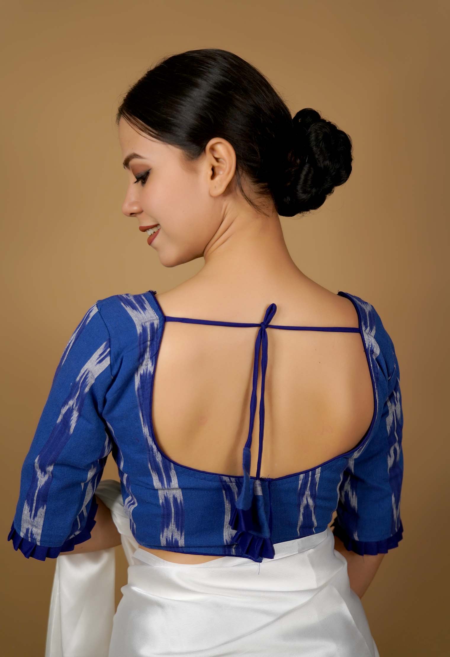 U-V Neck Blue Ikat Printed Back Hooks piping With padded  Soft Cotton Blouse