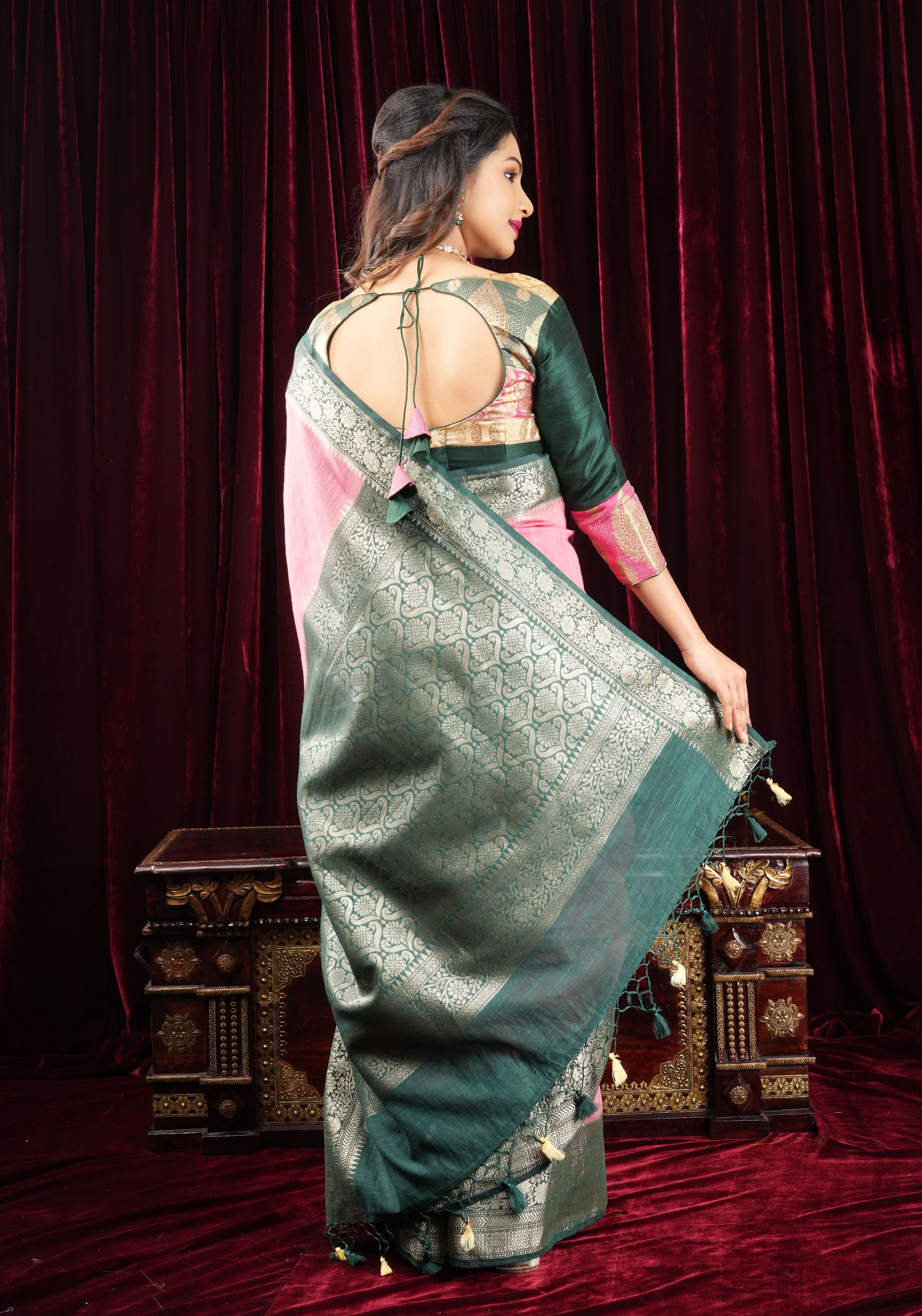 Banarasi brocade and Bottle Green pure Raw silk blouse with 3/4 sleeves | Shobitam