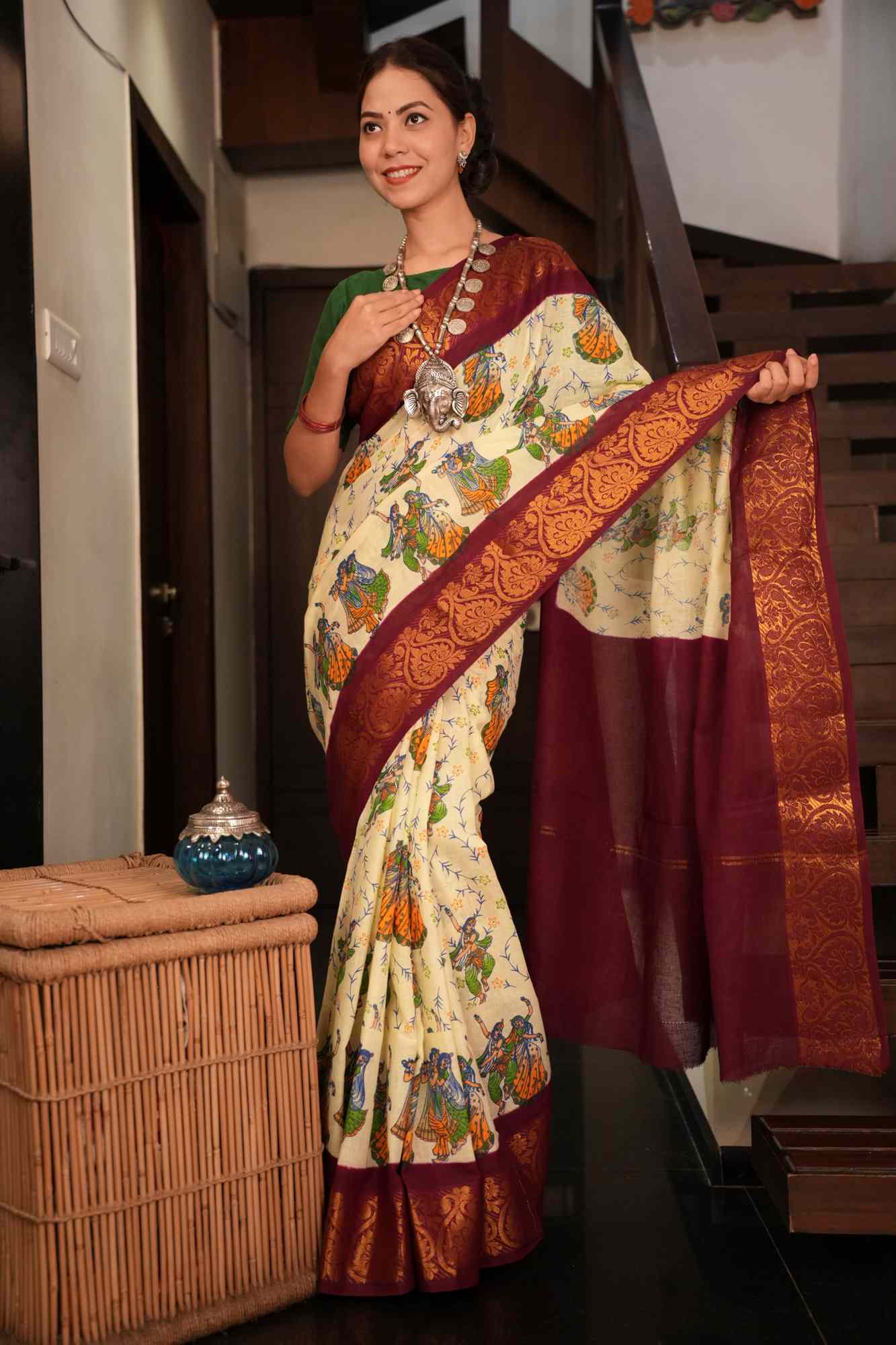 Chinnalapatti Kalamkari With Contrast Zari Woven Border & Palla Ready To Wear Saree