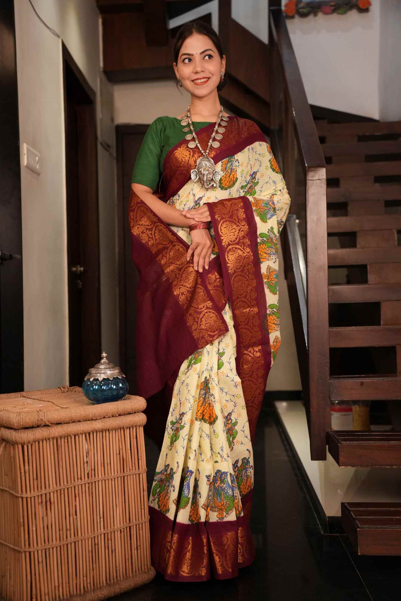 Chinnalapatti Kalamkari With Contrast Zari Woven Border & Palla Ready To Wear Saree