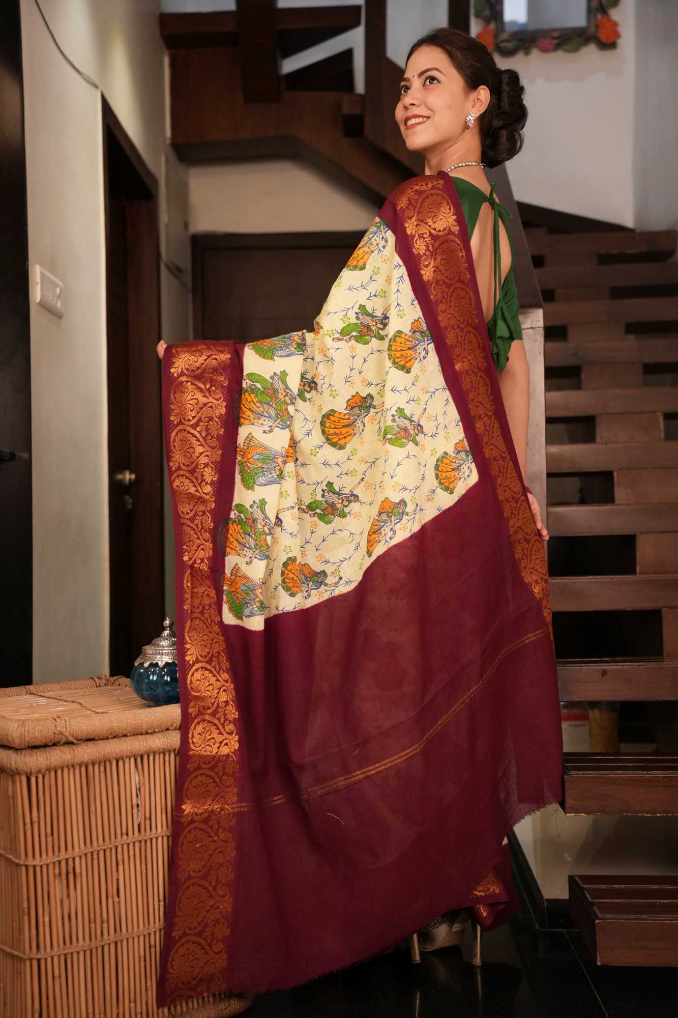 Chinnalapatti Kalamkari With Contrast Zari Woven Border & Palla Ready To Wear Saree