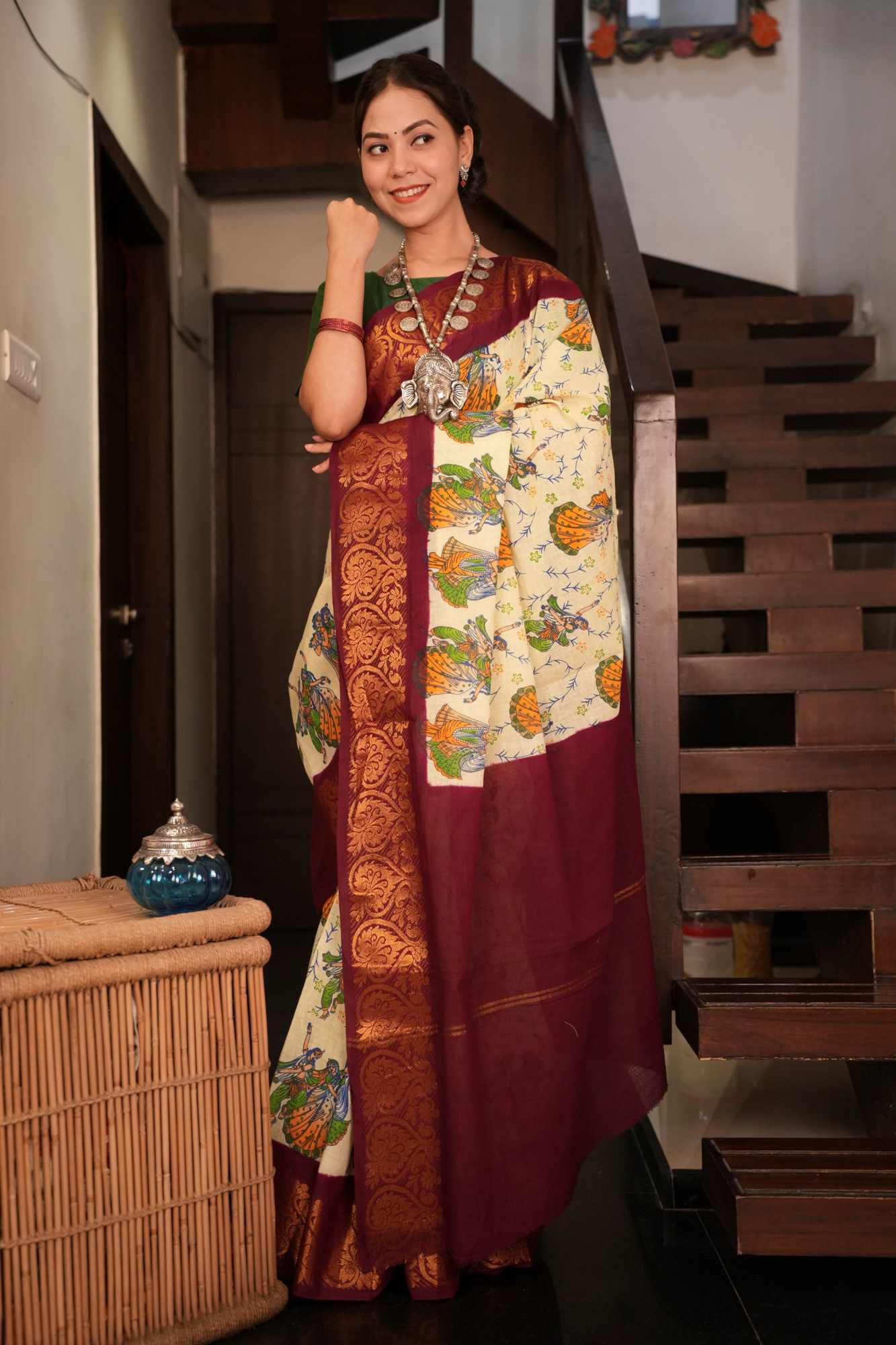 Chinnalapatti Kalamkari With Contrast Zari Woven Border & Palla Ready To Wear Saree