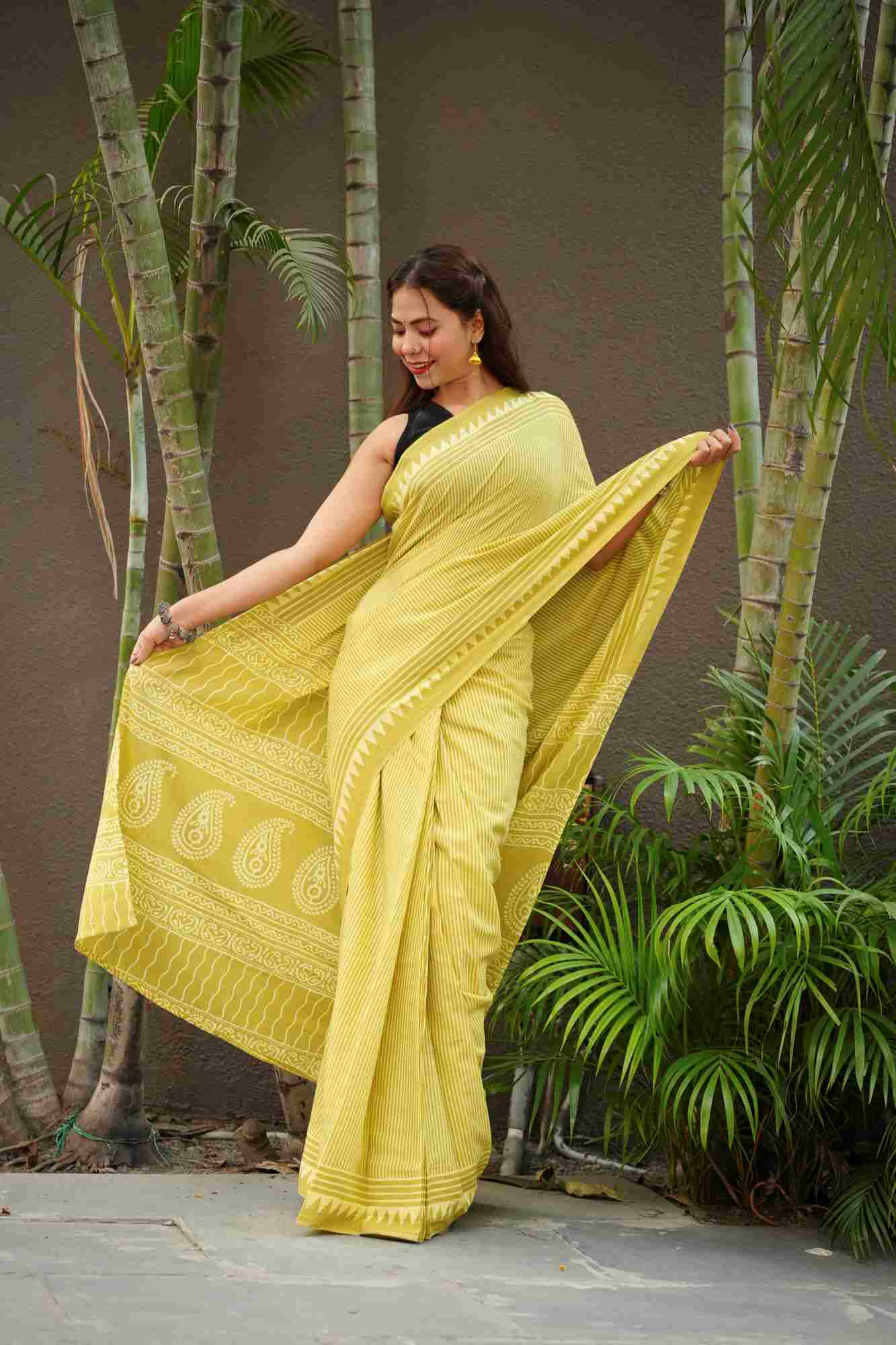 Mulmul vegetable dye stitched ready to wear saree