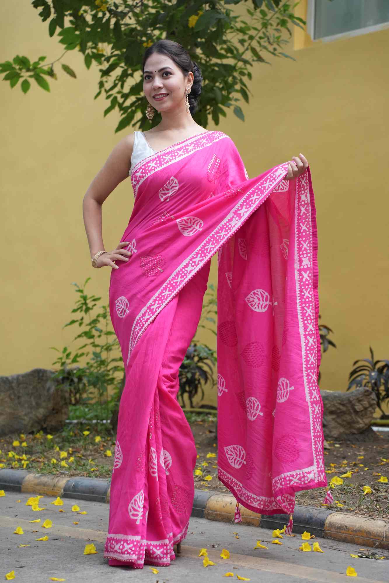 Soft Cotton Pink Batik Printed All Over With Seqance Work Butta & Rich Look Latkan Wrap in 1 minute saree