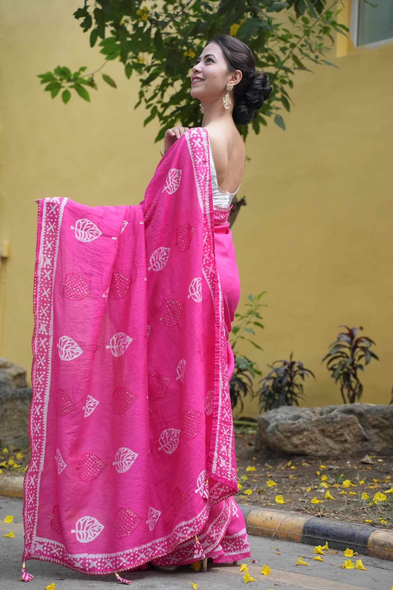 Soft Cotton Pink Batik Printed All Over With Seqance Work Butta & Rich Look Latkan Wrap in 1 minute saree