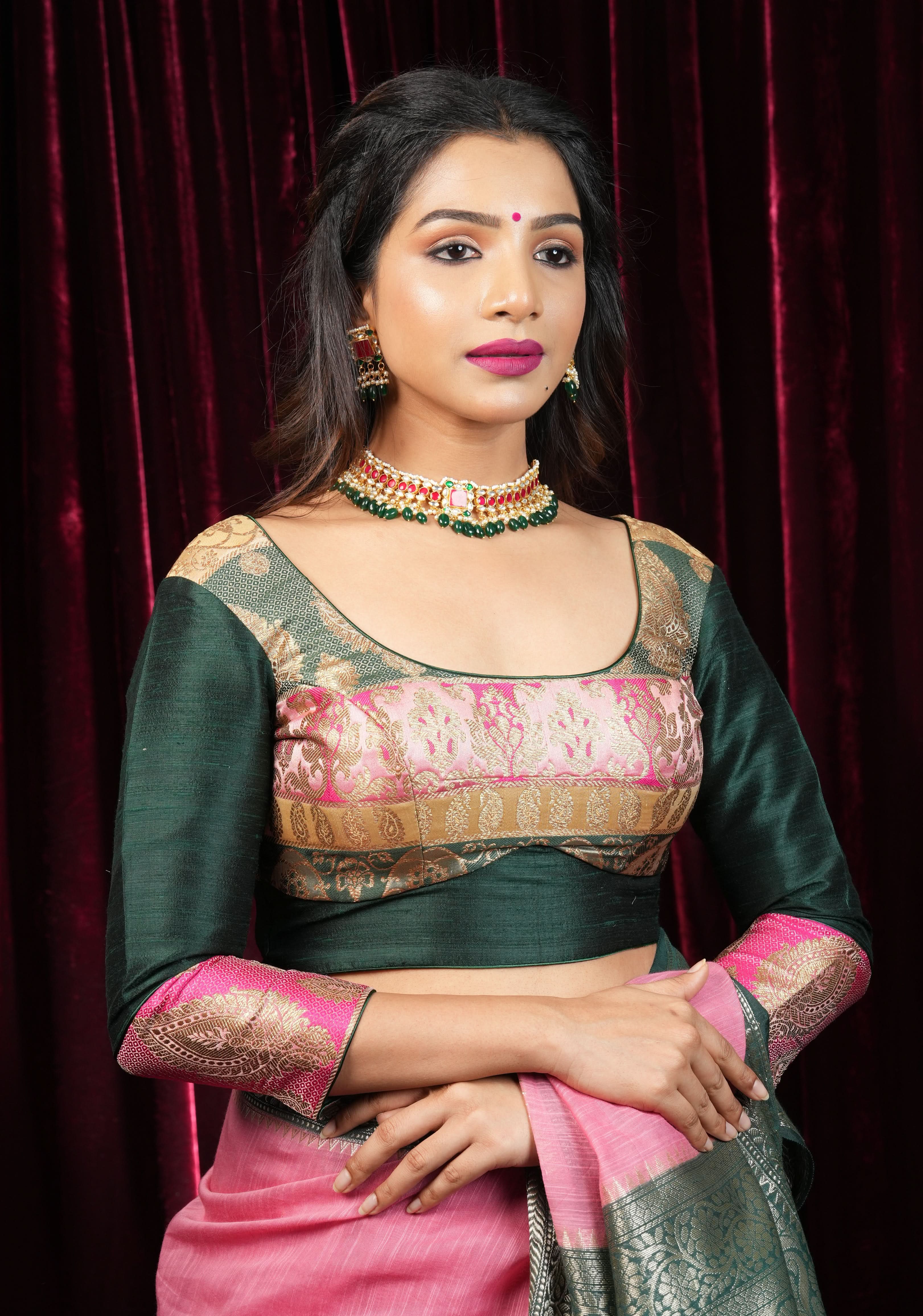 Banarasi brocade and Bottle Green pure Raw silk blouse with 3/4 sleeves | Shobitam