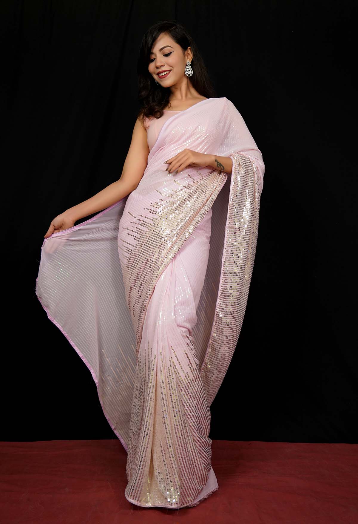 Celebrity look Inspired Pink Sequins All over Work Georgette Wrap in 1 minute saree