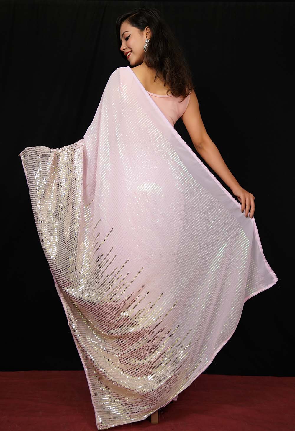 Celebrity look Inspired Pink Sequins All over Work Georgette Wrap in 1 minute saree