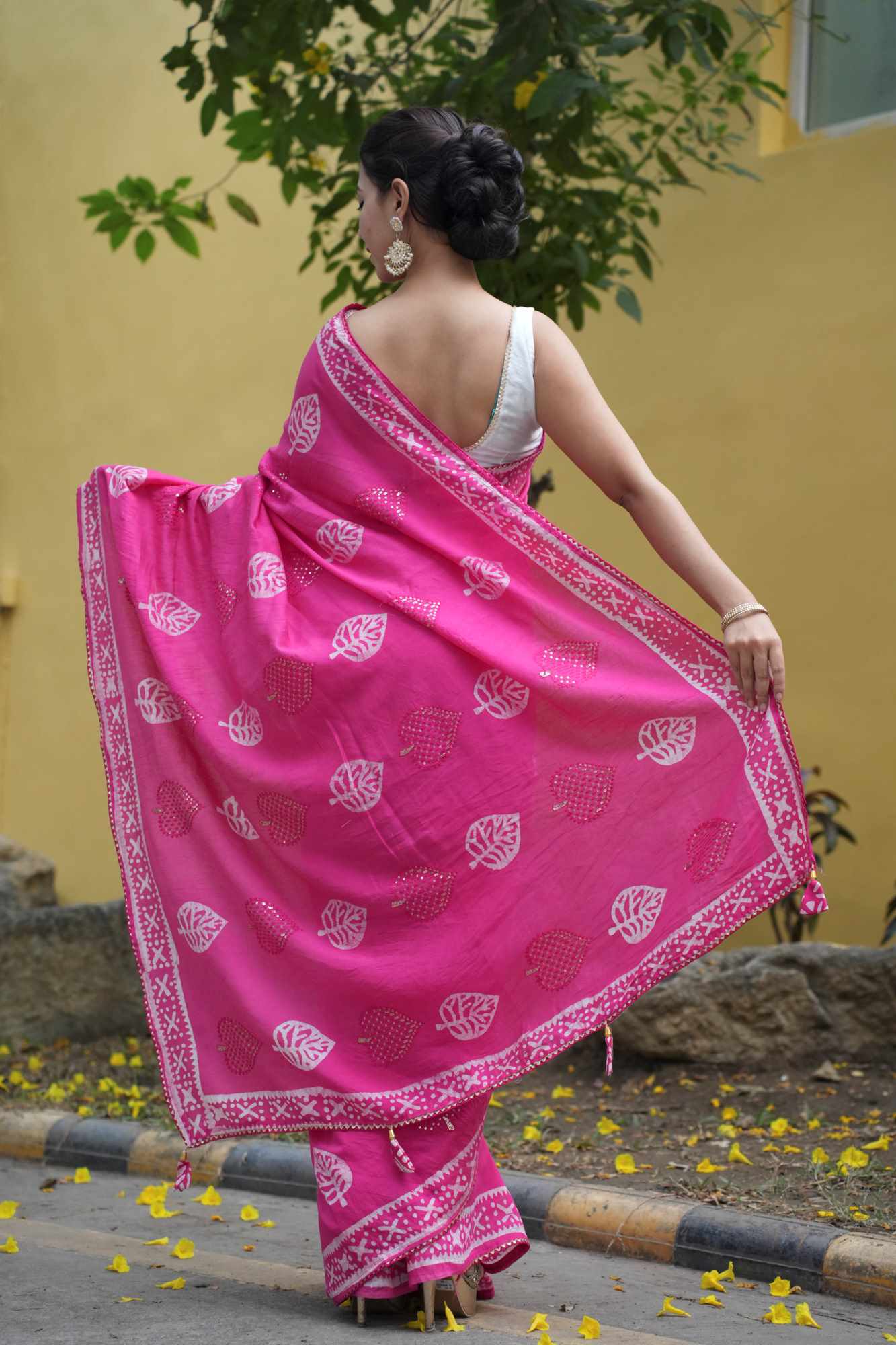 Soft Cotton Pink Batik Printed All Over With Seqance Work Butta & Rich Look Latkan Wrap in 1 minute saree