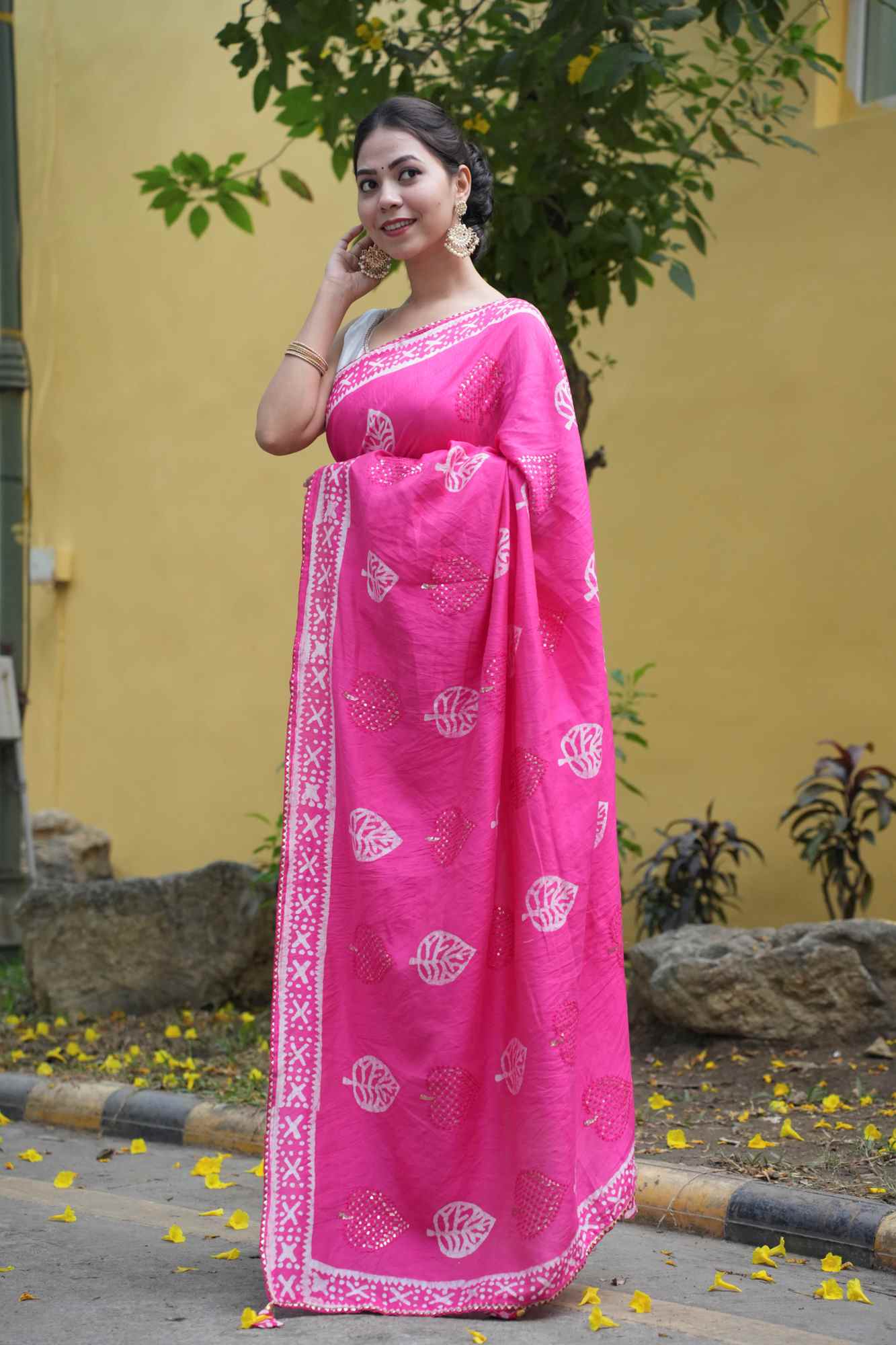 Soft Cotton Pink Batik Printed All Over With Seqance Work Butta & Rich Look Latkan Wrap in 1 minute saree