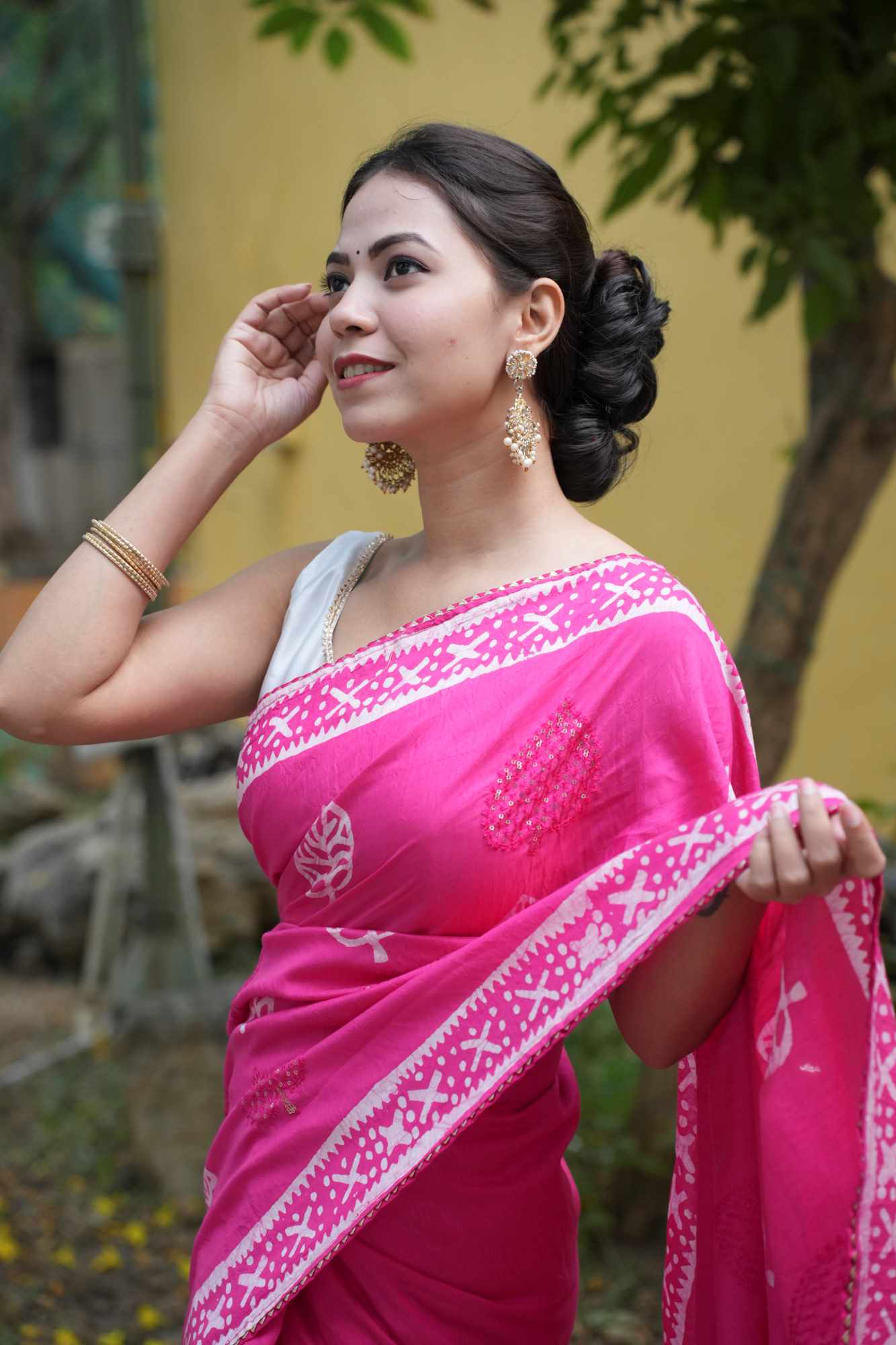 Soft Cotton Pink Batik Printed All Over With Seqance Work Butta & Rich Look Latkan Wrap in 1 minute saree