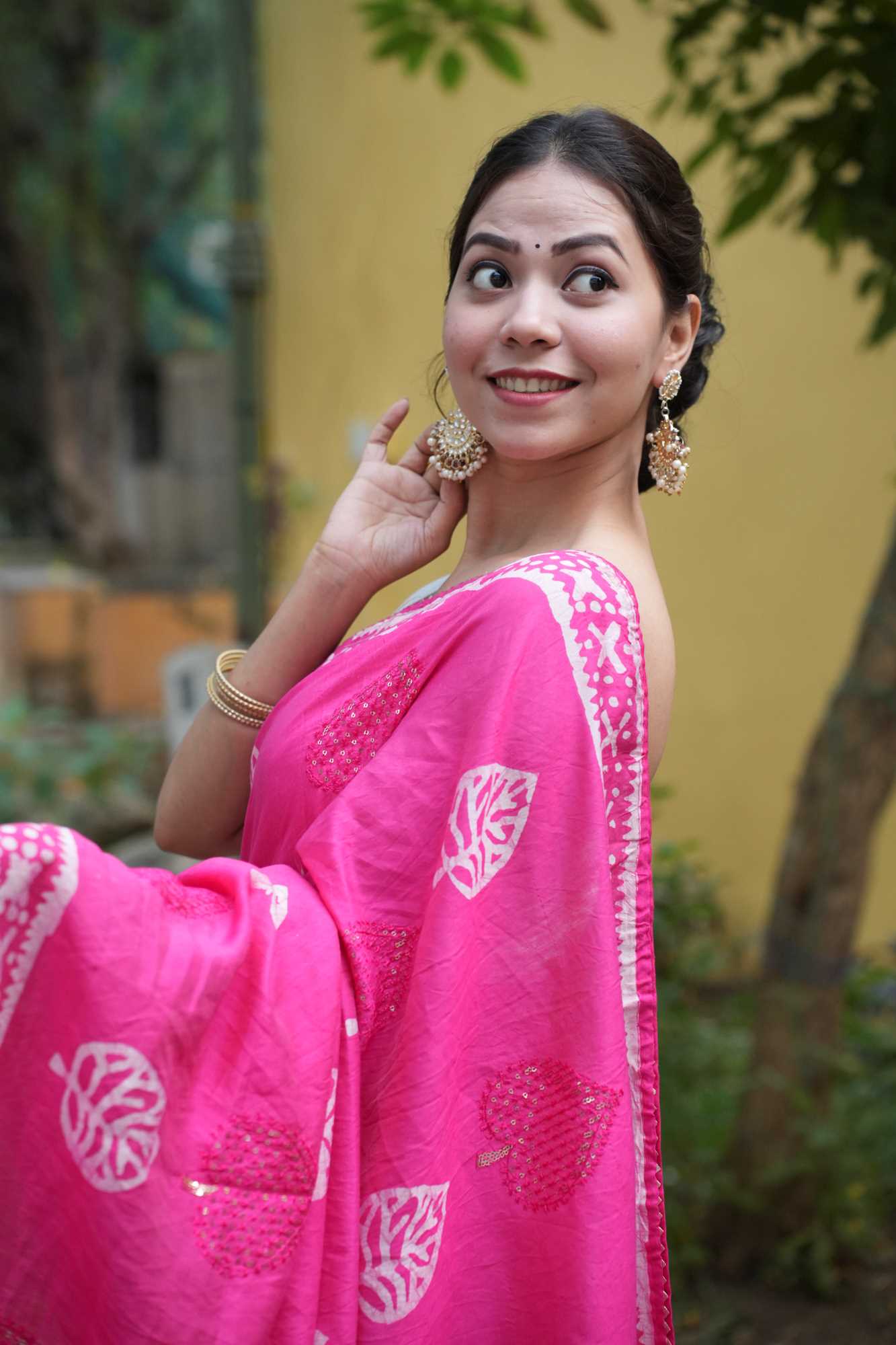 Soft Cotton Pink Batik Printed All Over With Seqance Work Butta & Rich Look Latkan Wrap in 1 minute saree