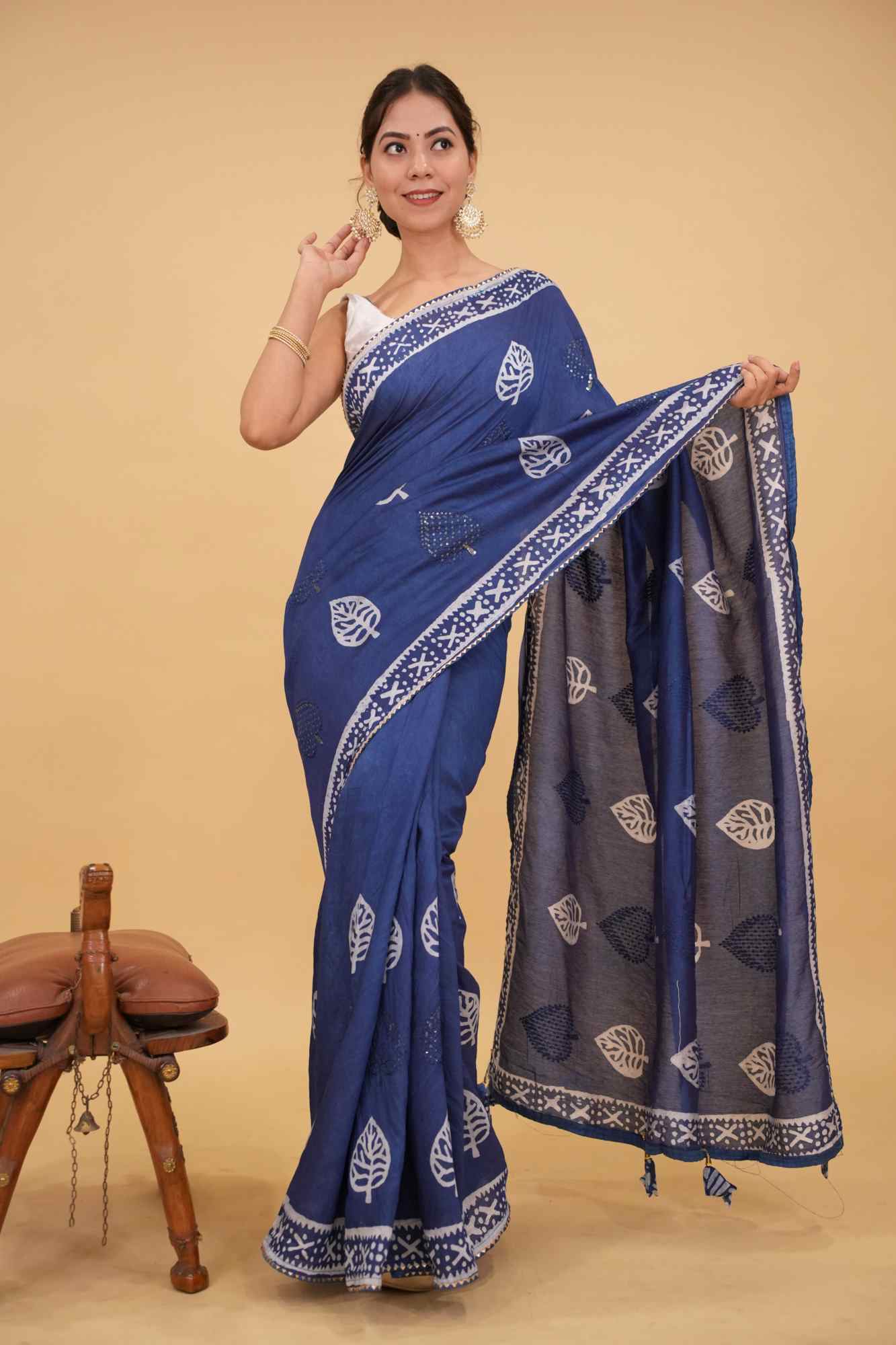 Soft cotton Batik Printed All Over With Sequins Work Butta & Rich Look Latkan Wrap in 1 minute saree