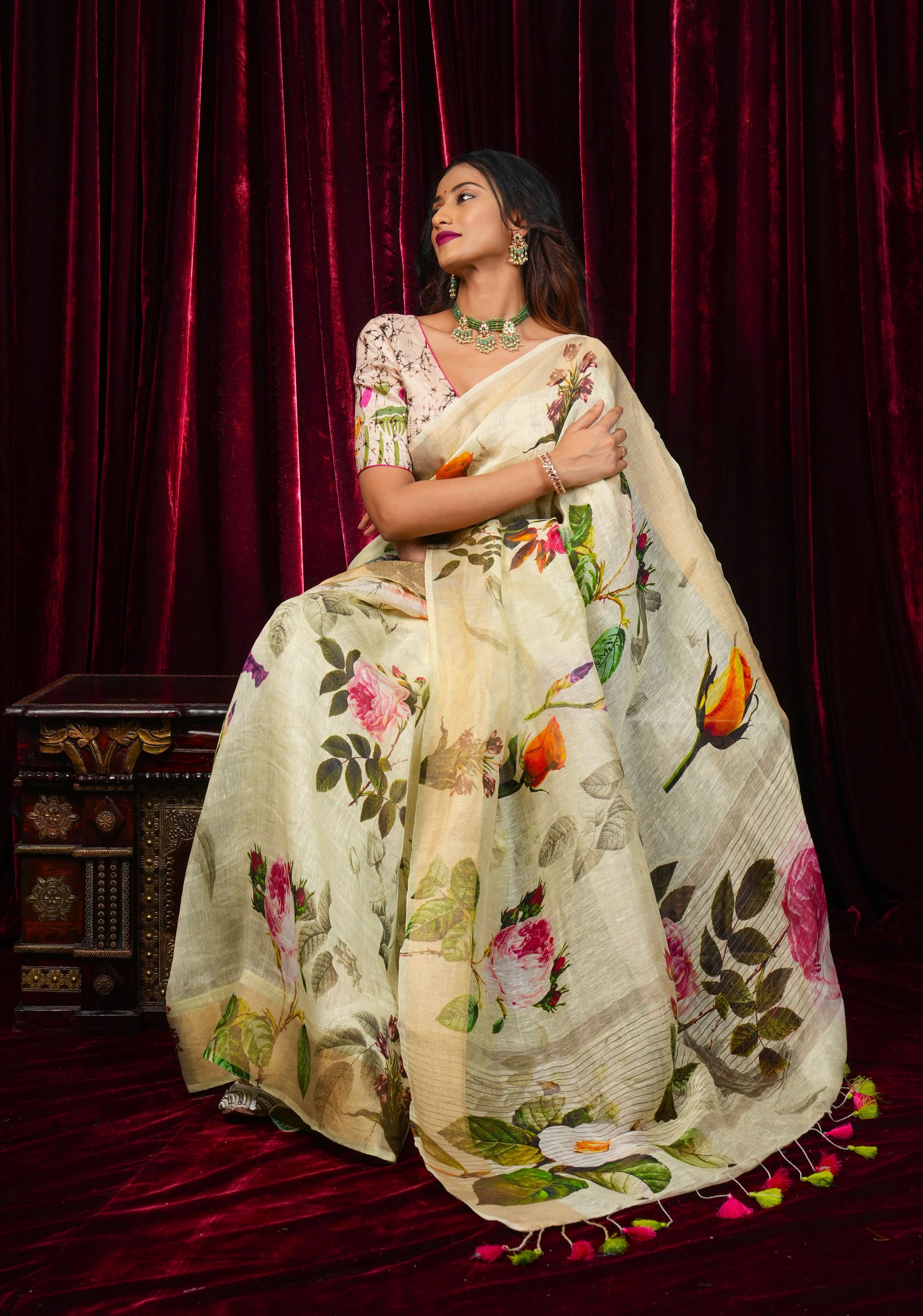 Charming Cream Floral Print Silk Linen Saree with long tassels | Shobitam