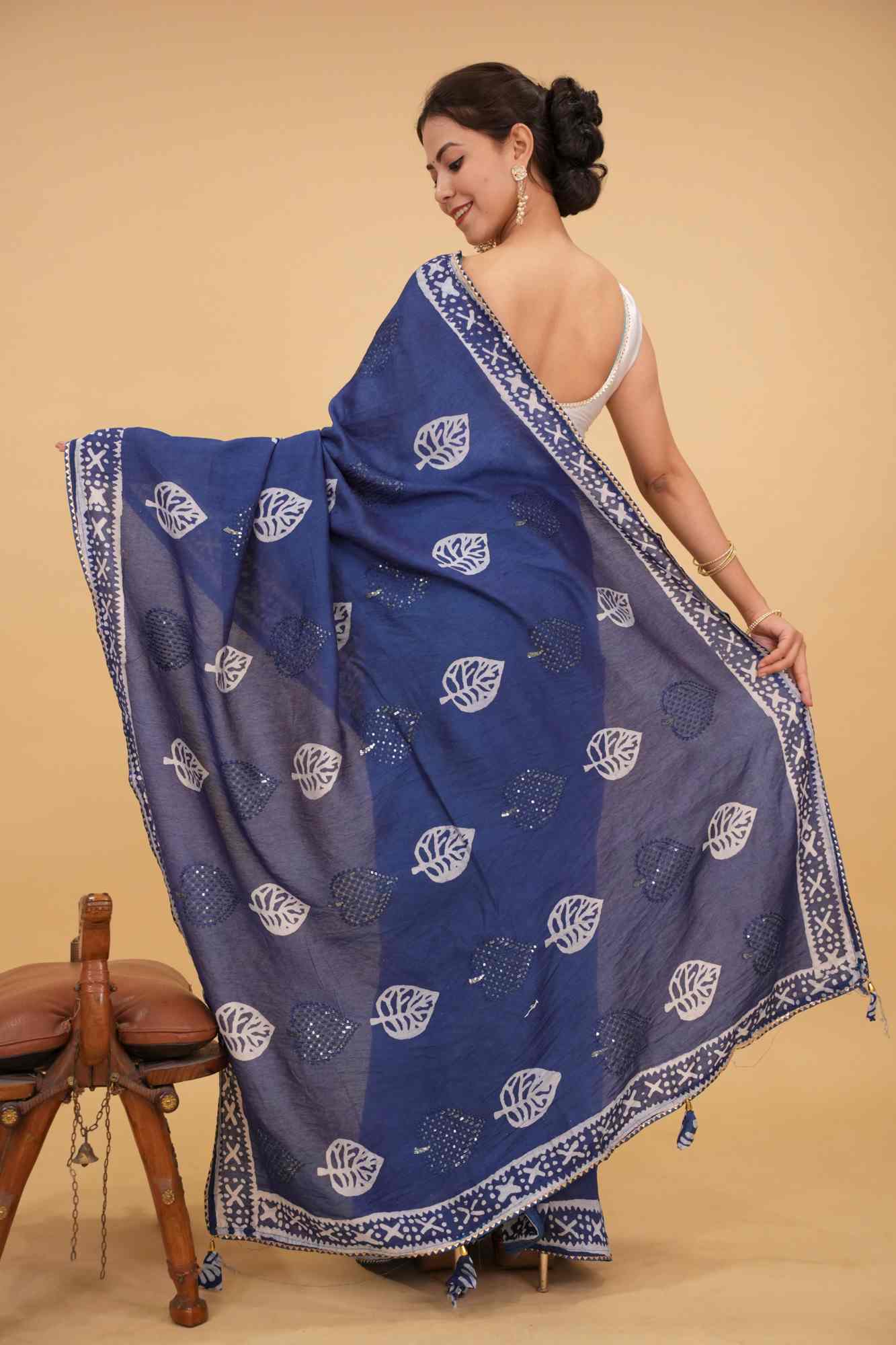 Soft cotton Batik Printed All Over With Sequins Work Butta & Rich Look Latkan Wrap in 1 minute saree