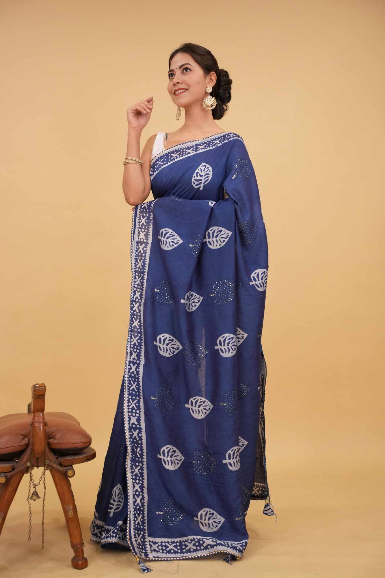 Soft cotton Batik Printed All Over With Sequins Work Butta & Rich Look Latkan Wrap in 1 minute saree