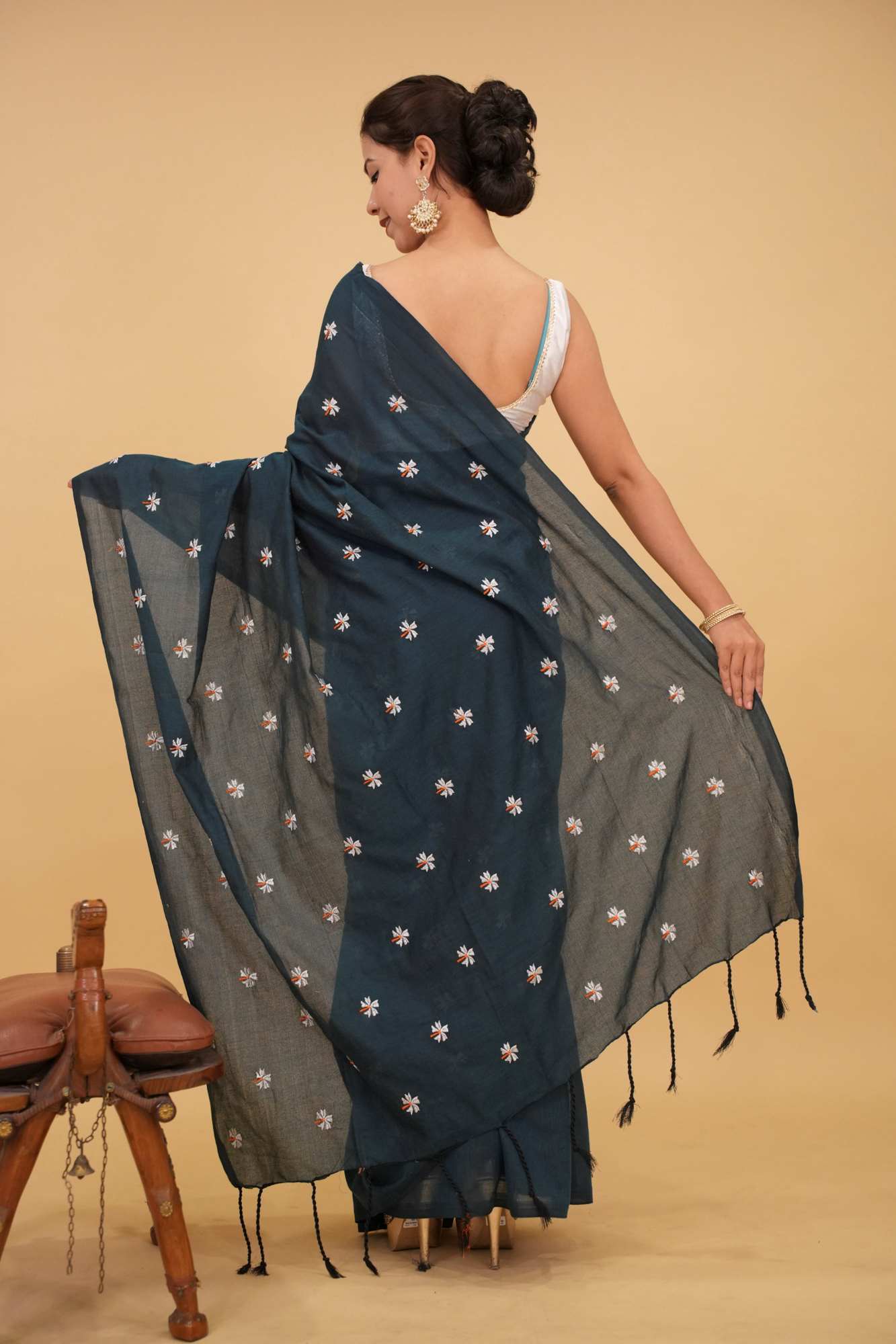 Soft Khadi Cotton With White Floral Embroidered Overall Ready To Wear Saree