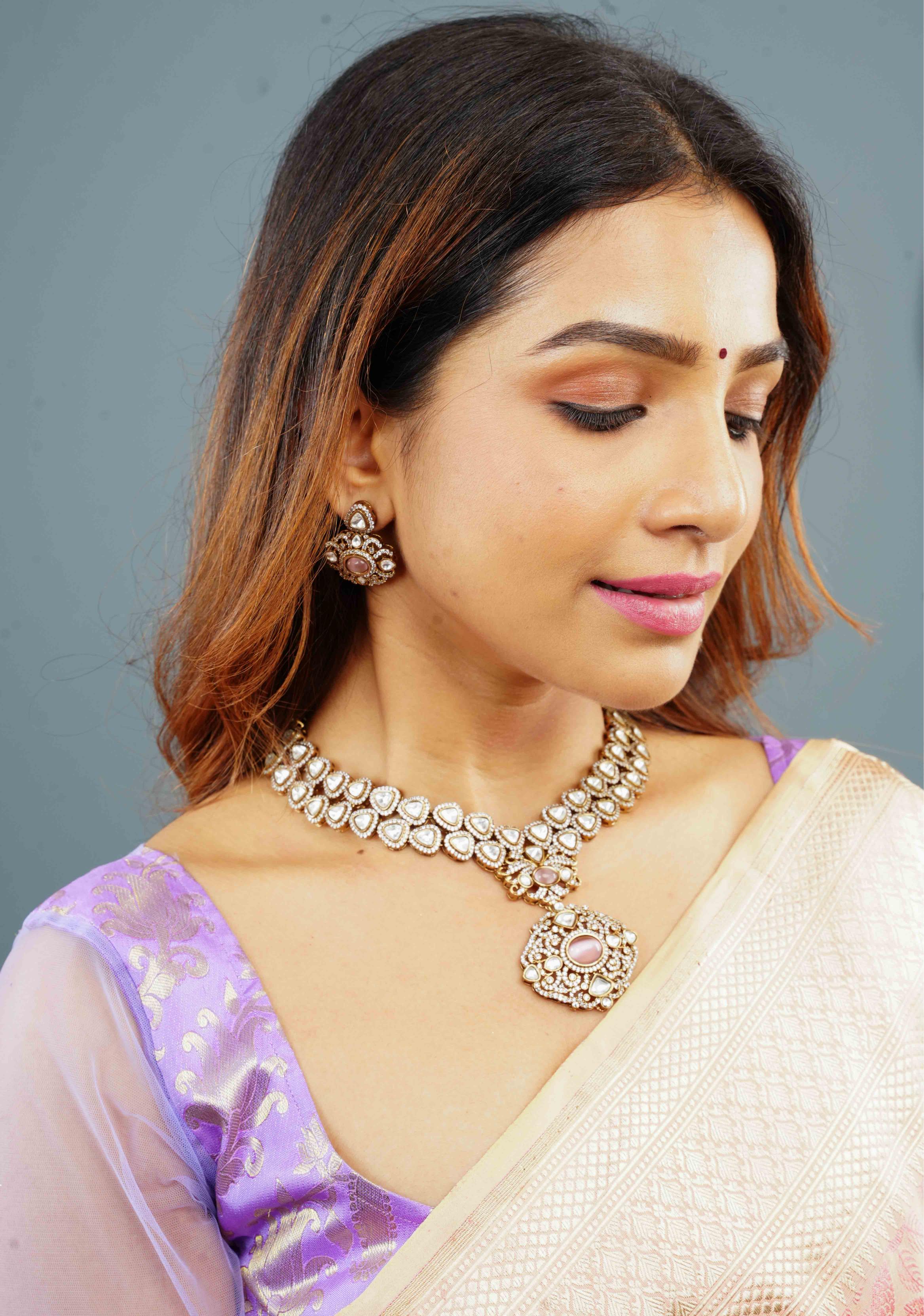 Classic Double layered Victorian Finish necklace set Stone Studded with White and Pink Stones | Shobitam jewelry