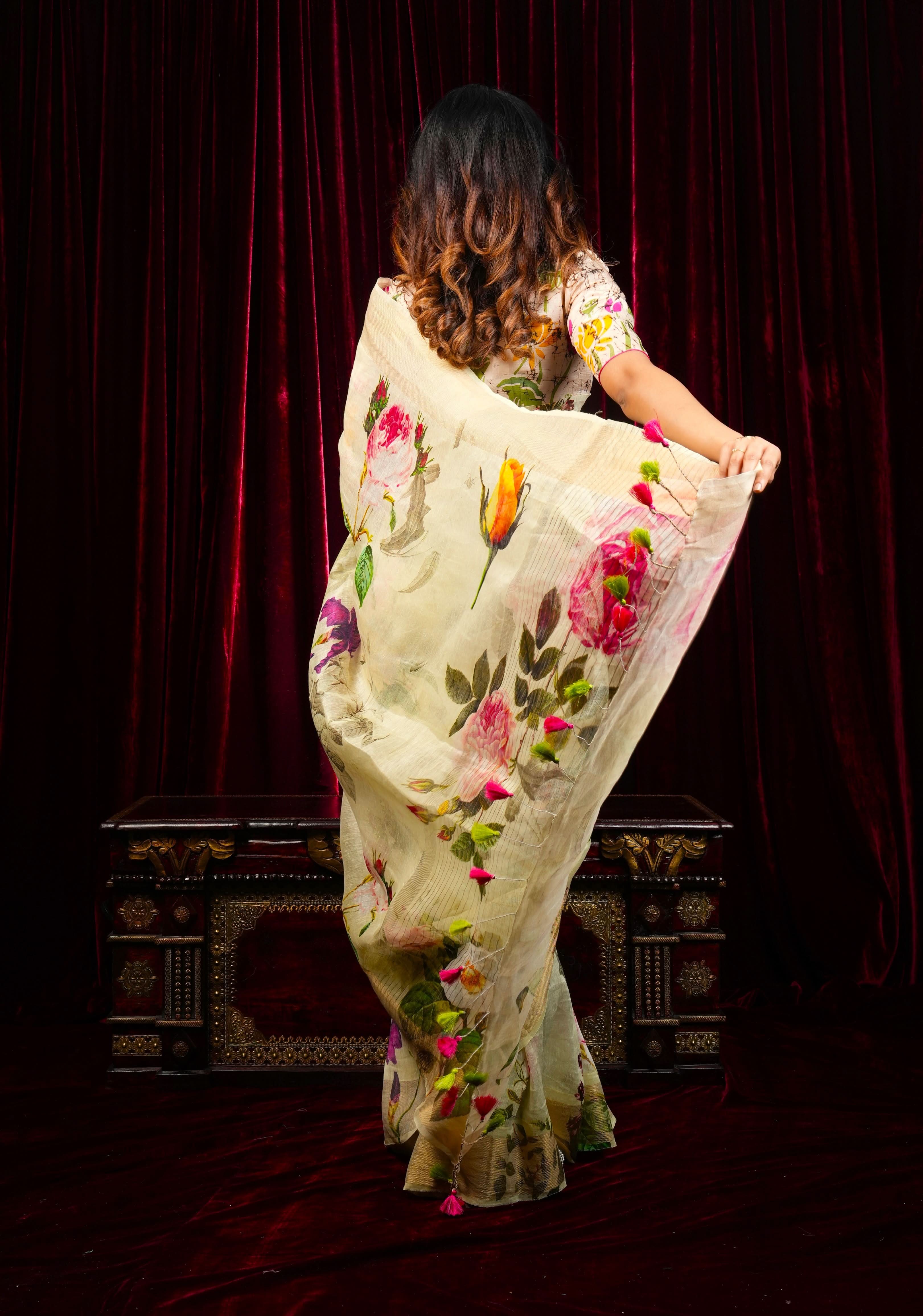 Charming Cream Floral Print Silk Linen Saree with long tassels | Shobitam