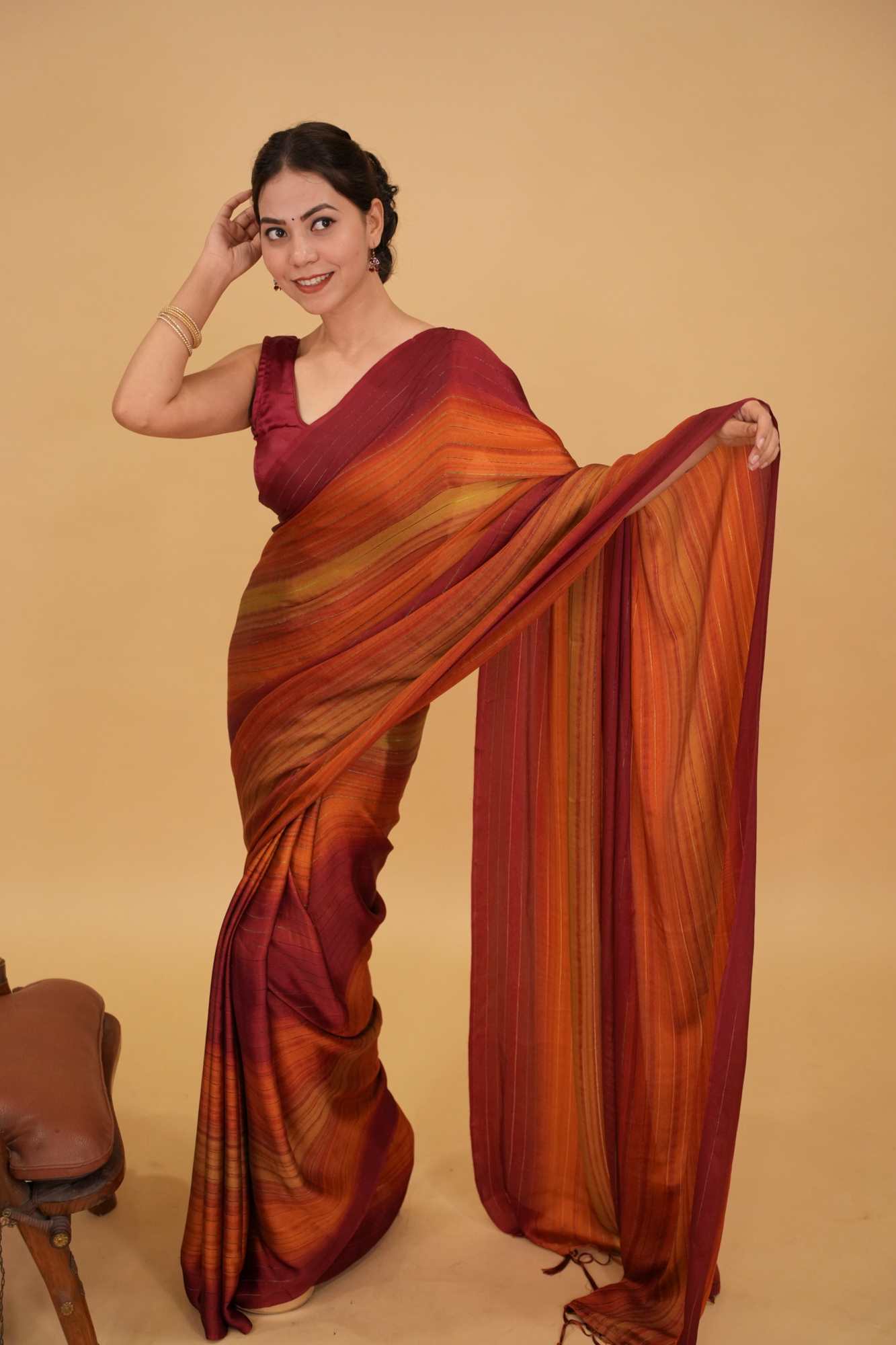 Rust Ombre dyed light weight dual tone wrap in 1 minute saree