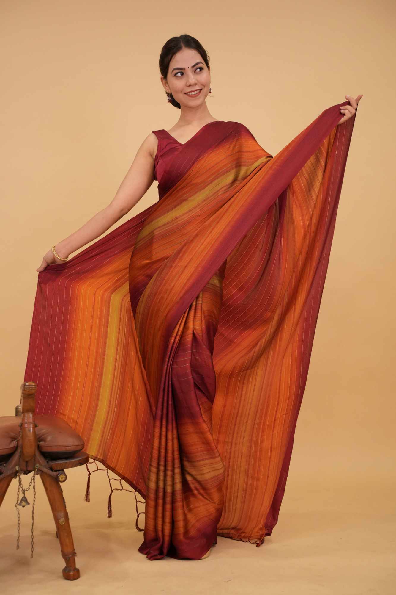 Rust Ombre dyed light weight dual tone wrap in 1 minute saree