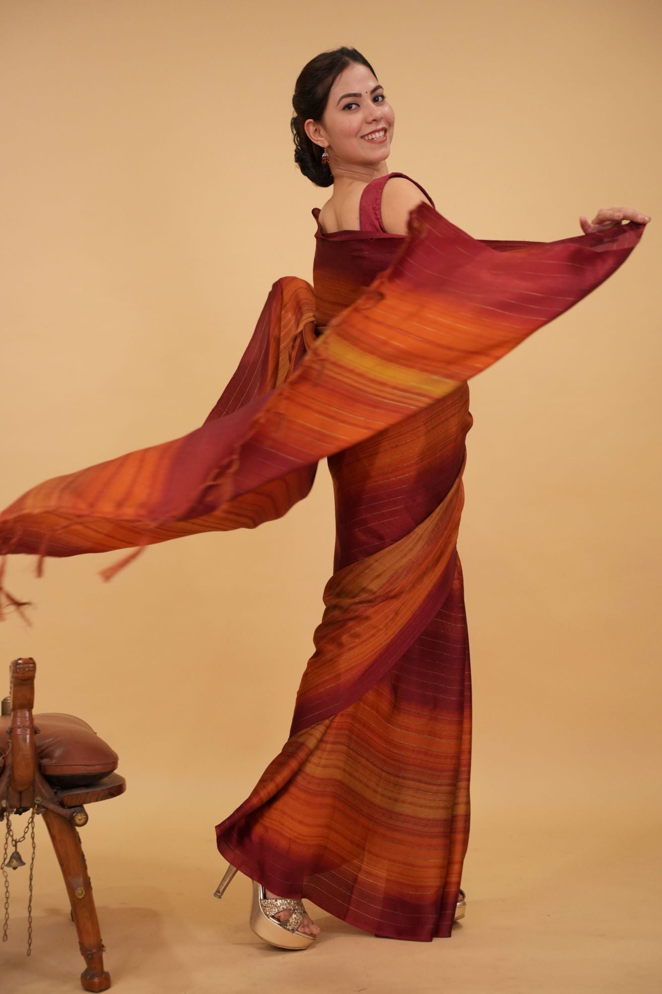 Rust Ombre dyed light weight dual tone wrap in 1 minute saree