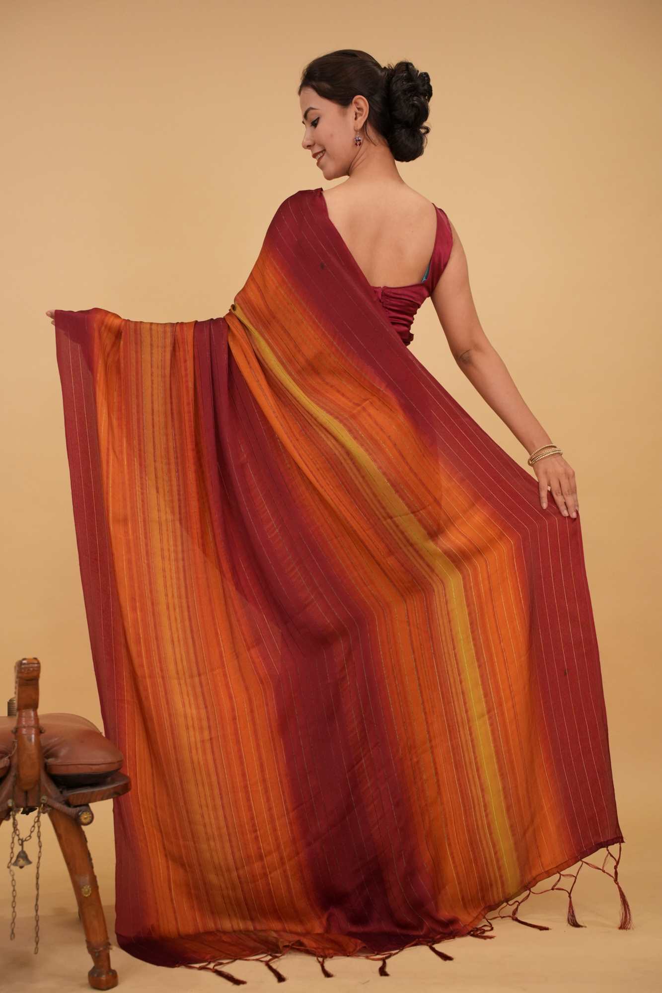 Rust Ombre dyed light weight dual tone wrap in 1 minute saree