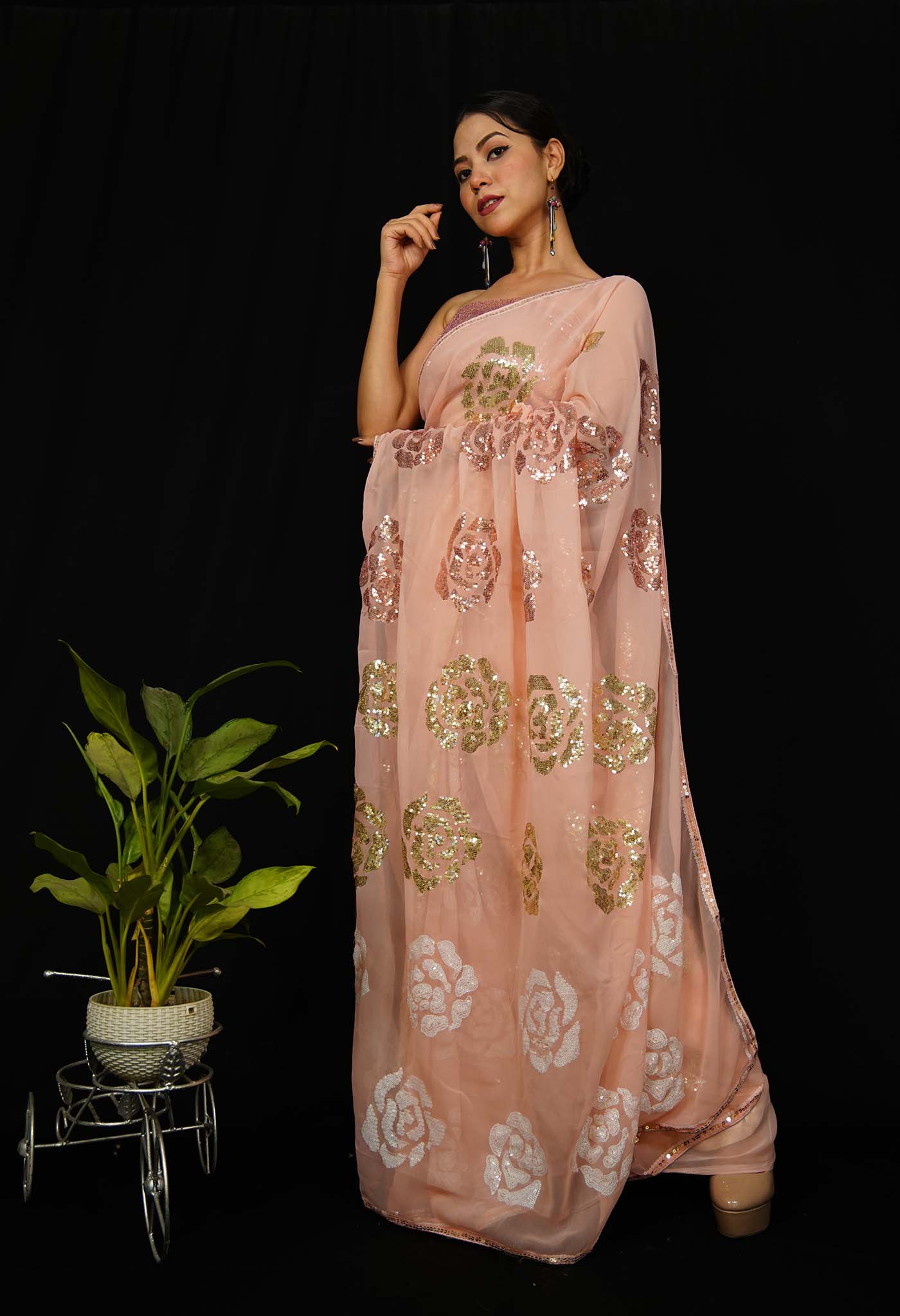 Peach & Golden Toned  Soft Georgette Wrap in 1 minute Saree with all over Floral  Embroidered and Sequins Work