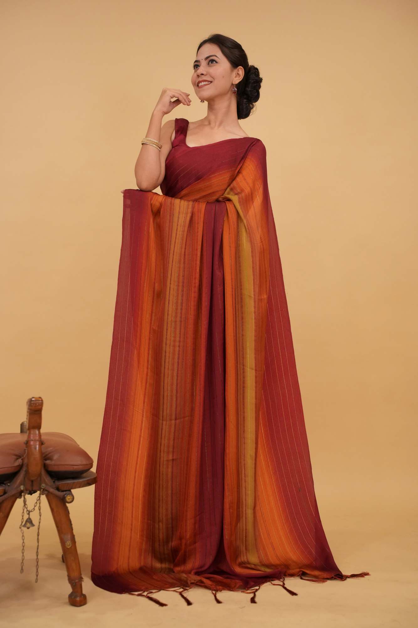 Rust Ombre dyed light weight dual tone wrap in 1 minute saree