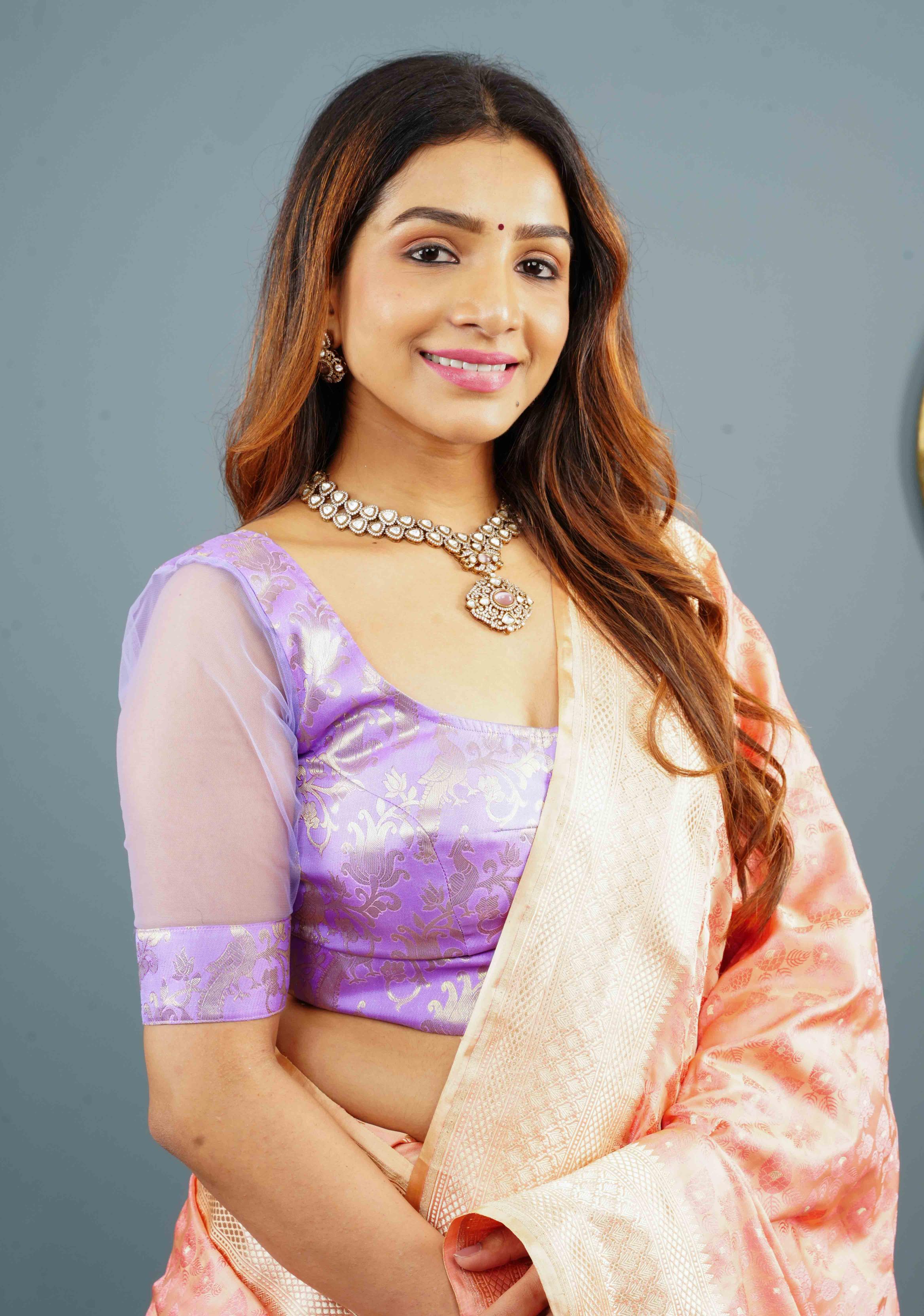 Lavender Brocade Kanjivaram  Pure Silk Blouse with Net in Back and Sleeve, Customizable, Made to Order | Shobitam