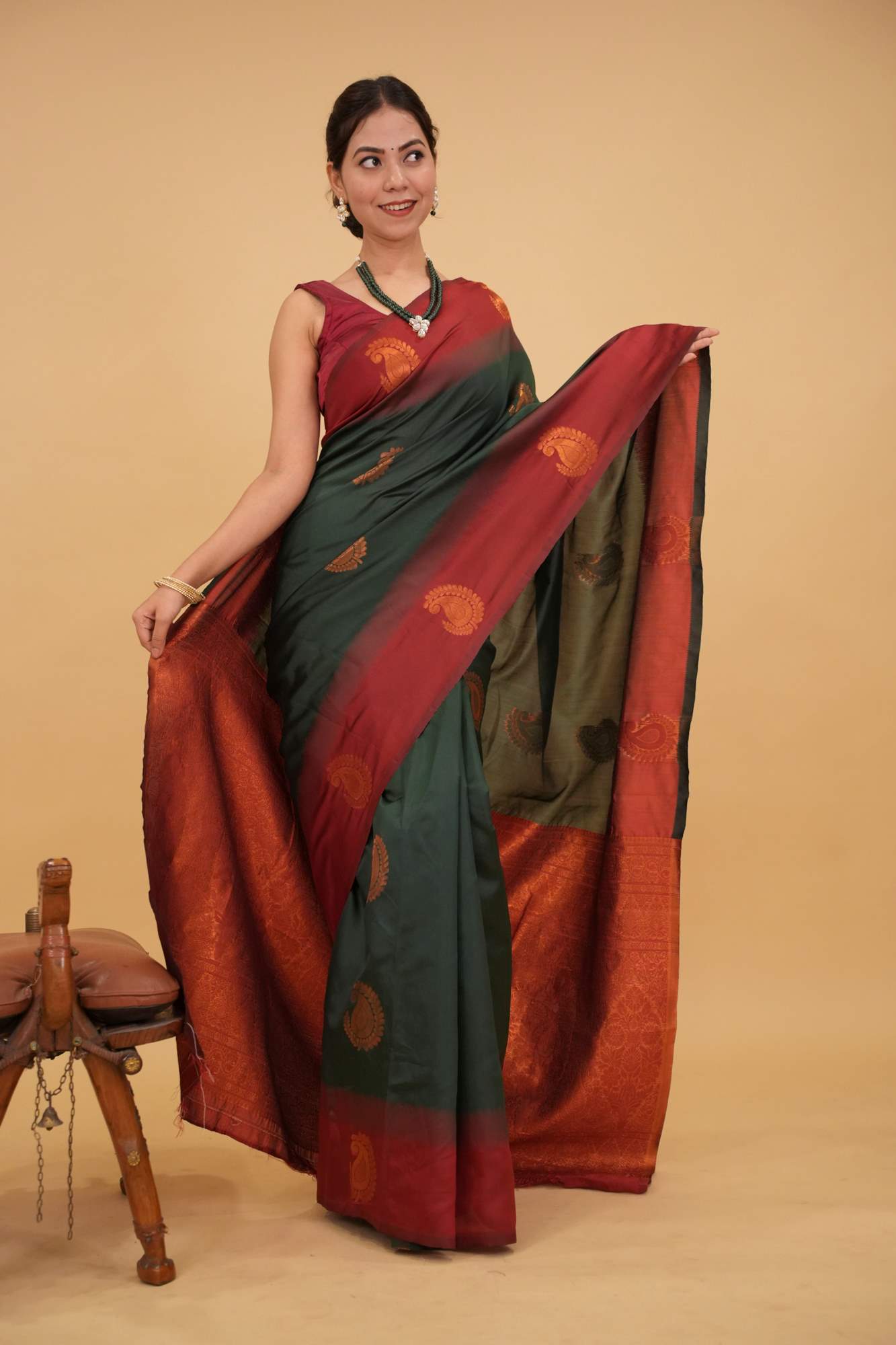 Bottle Green Kanjeevaram With Paisely Zari Damask & Ornate palla Ready To Wear Saree