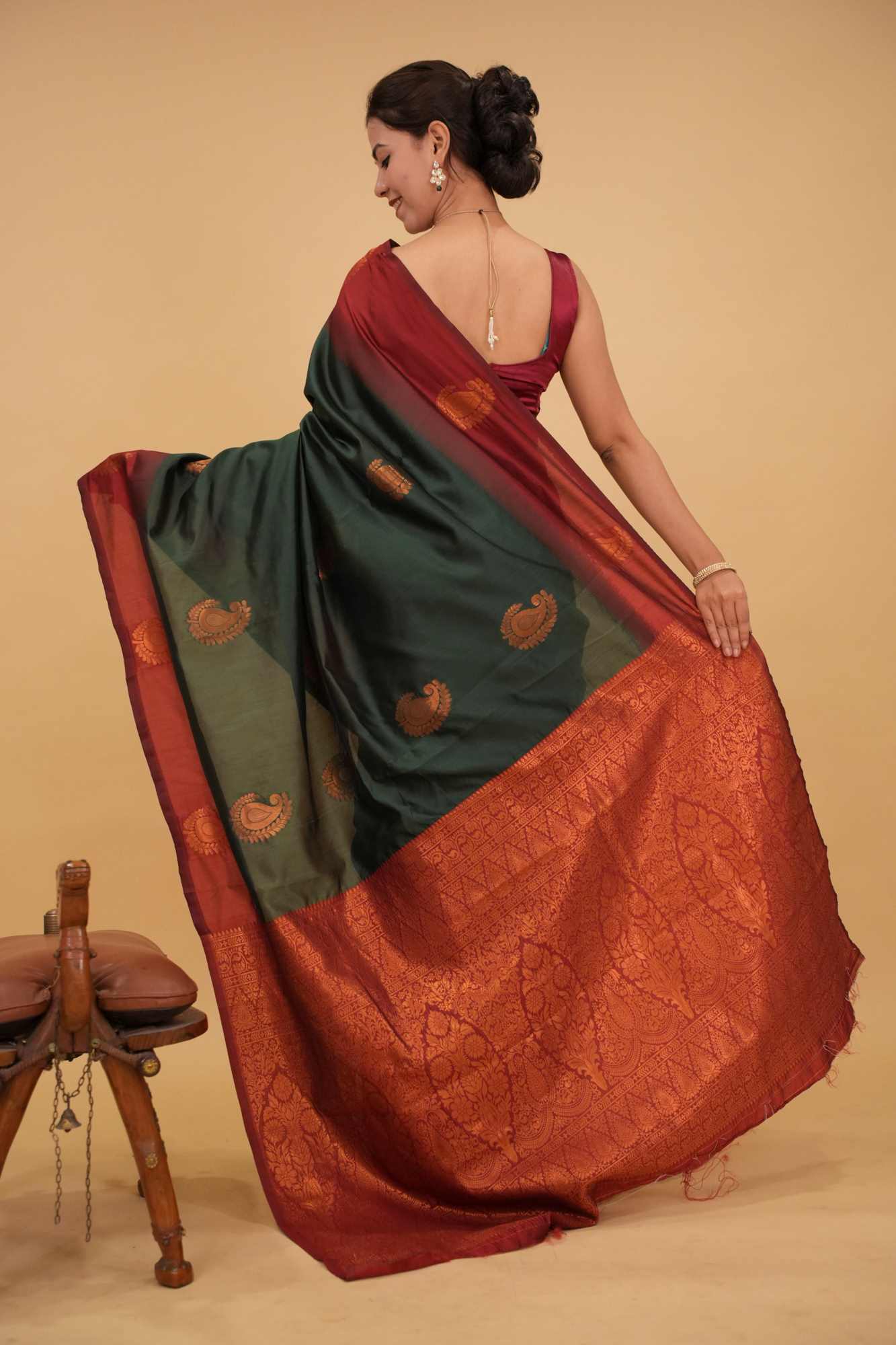 Bottle Green Kanjeevaram With Paisely Zari Damask & Ornate palla Ready To Wear Saree