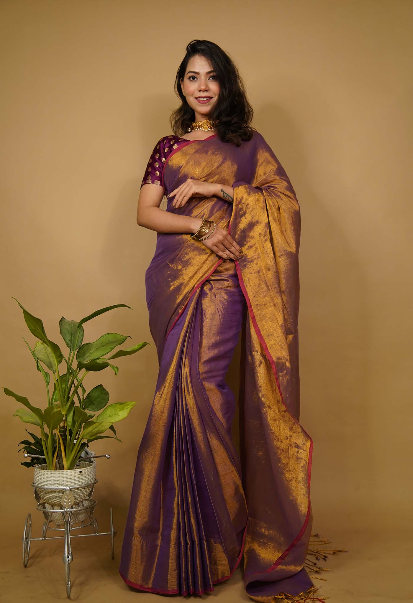 Ready To Wear Organza Tissue With Tassels Dhoop Chaanv Wine On Pallu  Wrap in 1 minute saree