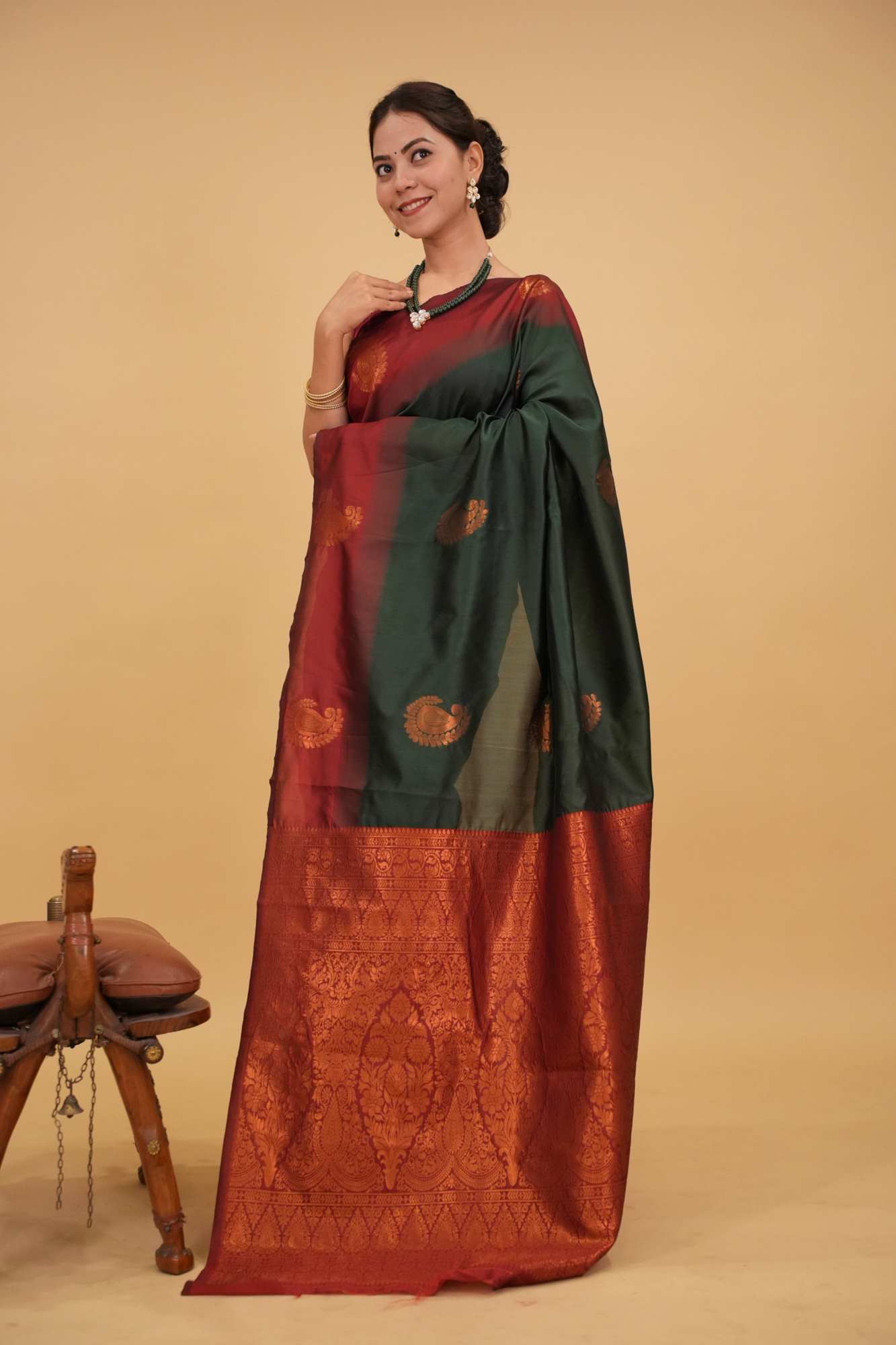 Bottle Green Kanjeevaram With Paisely Zari Damask & Ornate palla Ready To Wear Saree