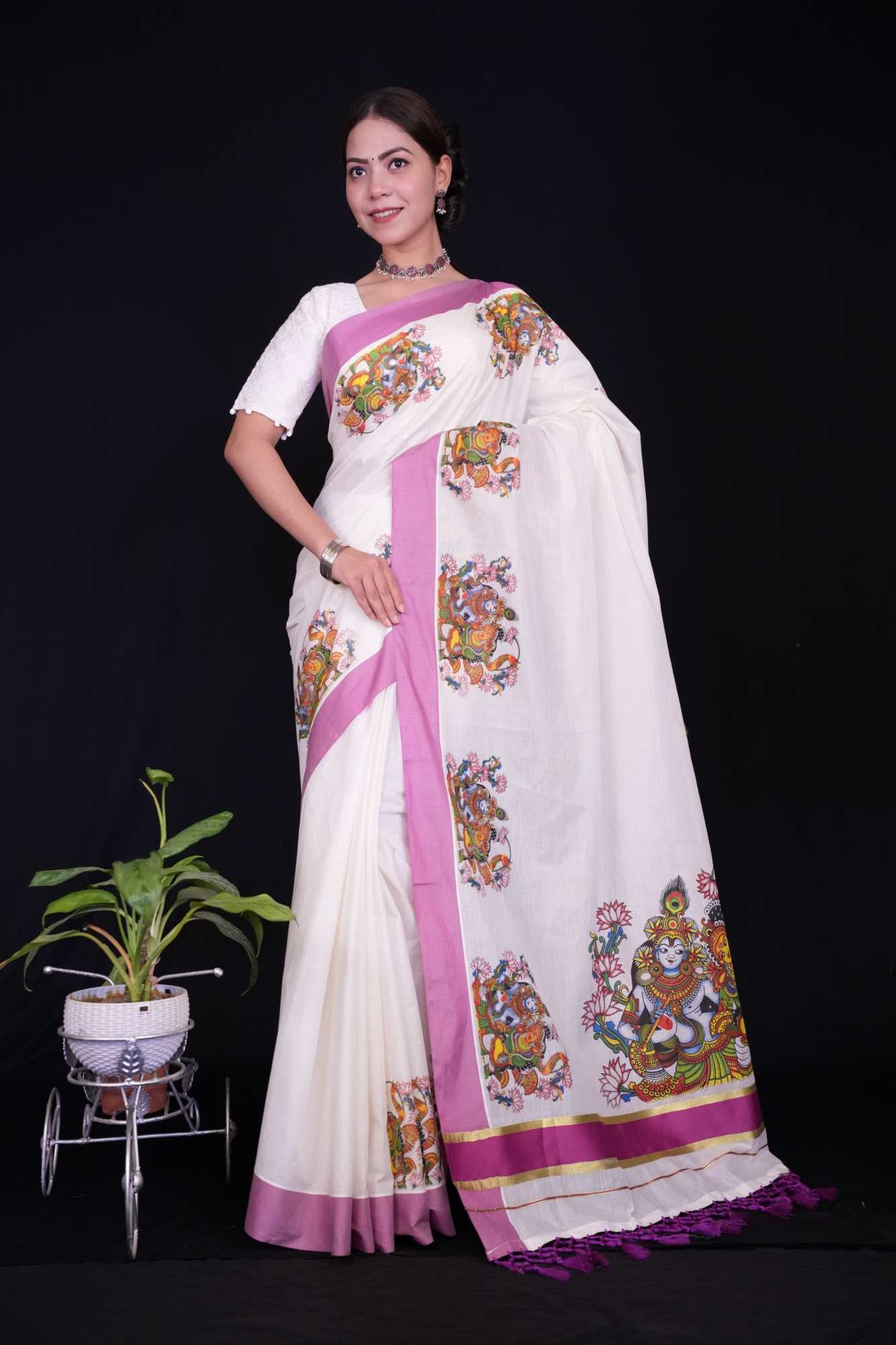 Kuthampully Cotton Kerala Kasauv with Mural Printed Ready To Wear Saree