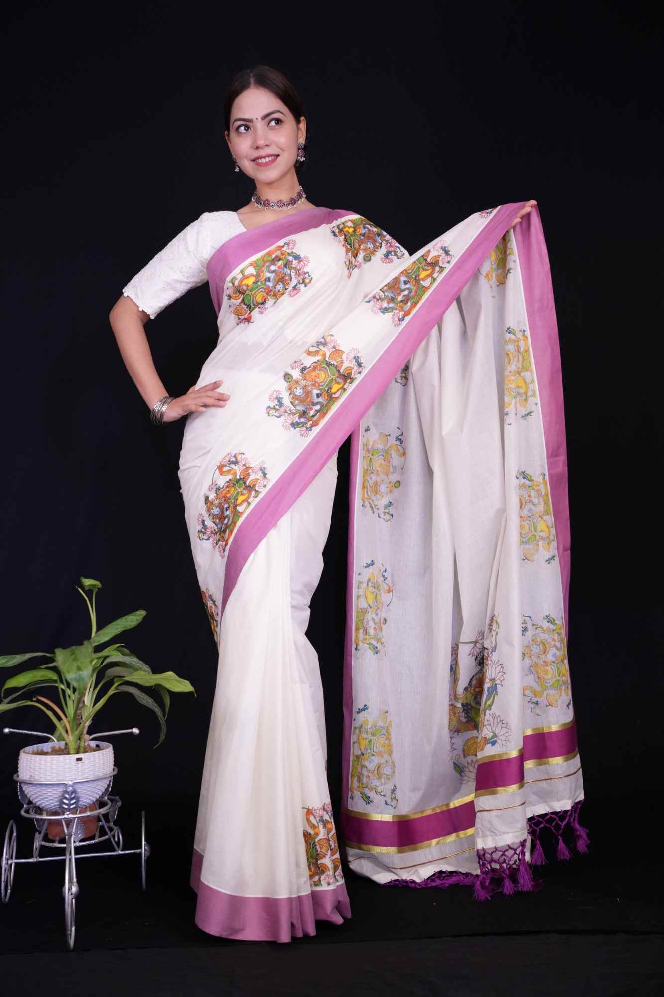 Kuthampully Cotton Kerala Kasauv with Mural Printed Ready To Wear Saree