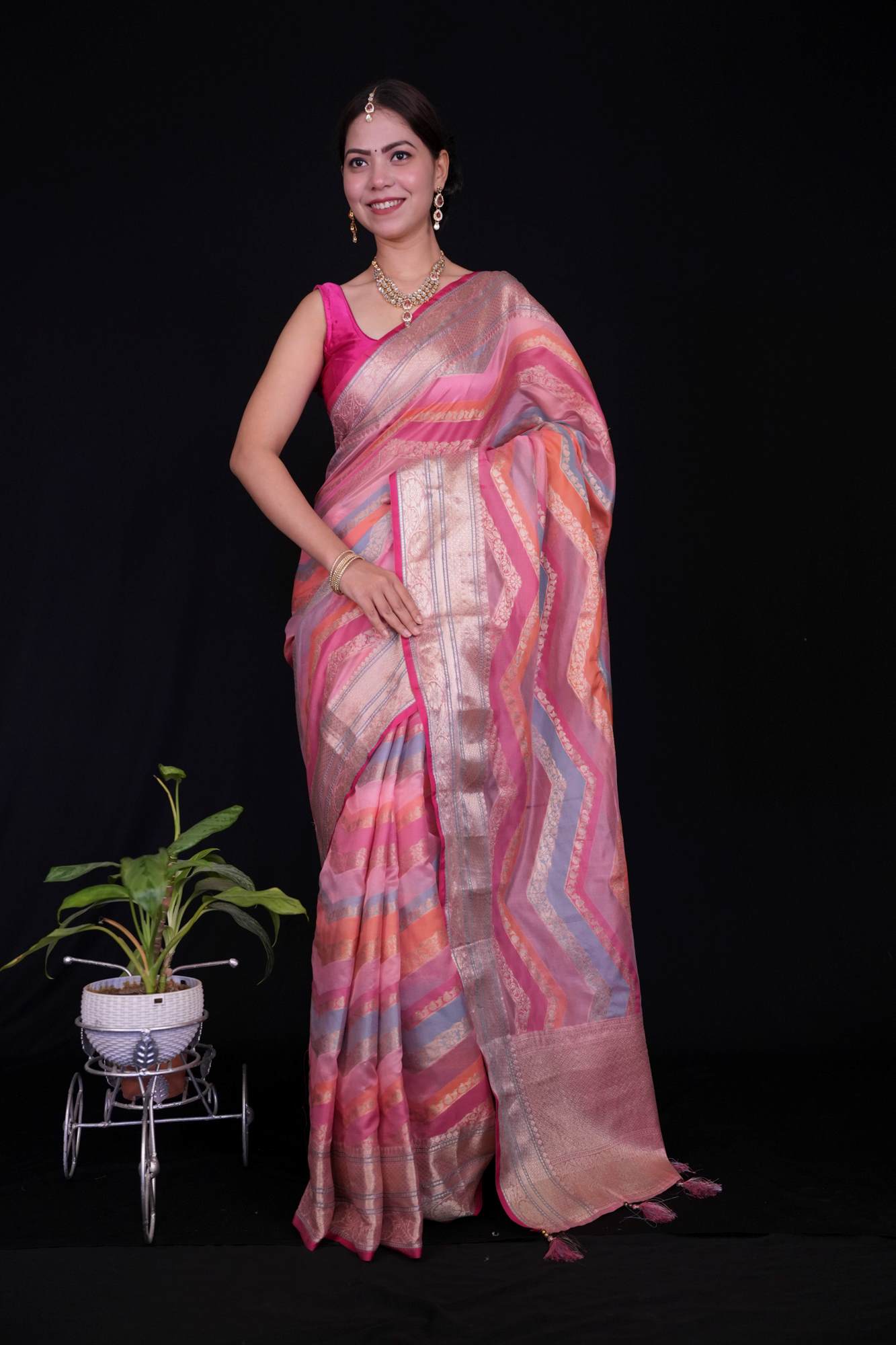 Kanjivaram Organza Soft Silk Golden Zari weaving predraped ready to wear saree