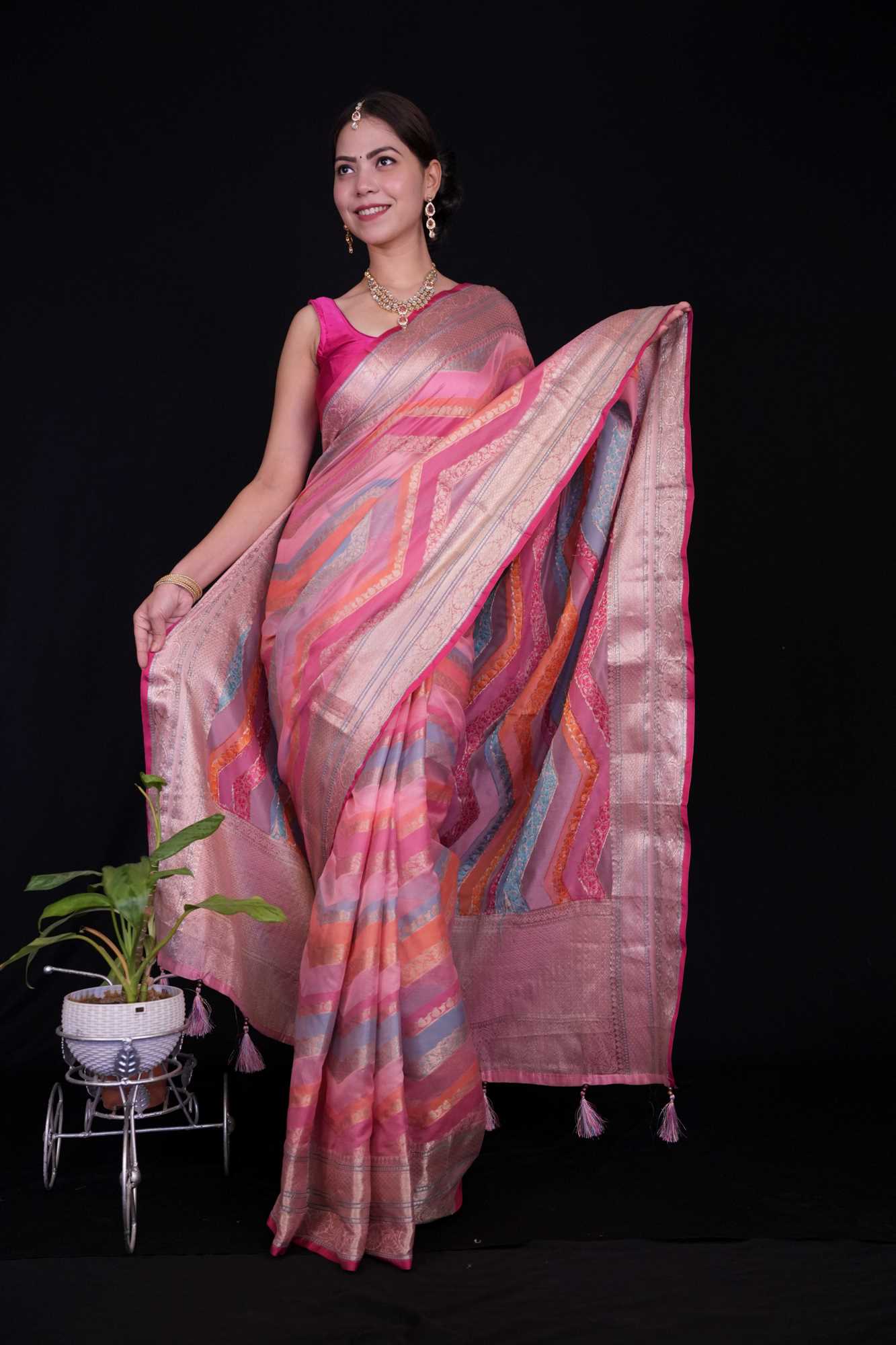 Kanjivaram Organza Soft Silk Golden Zari weaving predraped ready to wear saree