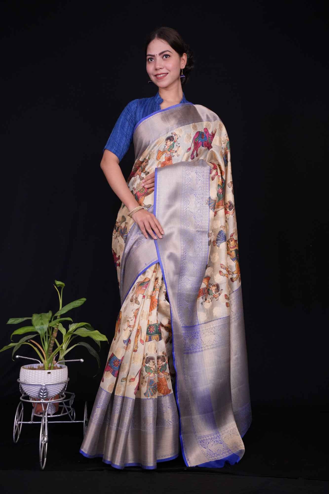 Traditional Kalamkari Pre-stitched Ready to Wear Saree with zari woven border and ornate pallu