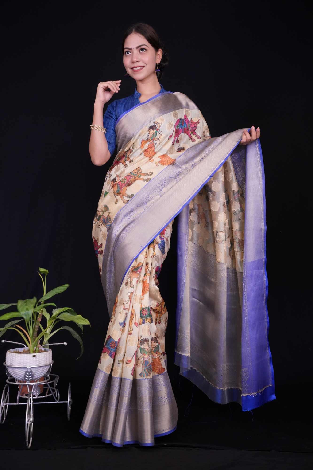 Traditional Kalamkari Pre-stitched Ready to Wear Saree with zari woven border and ornate pallu