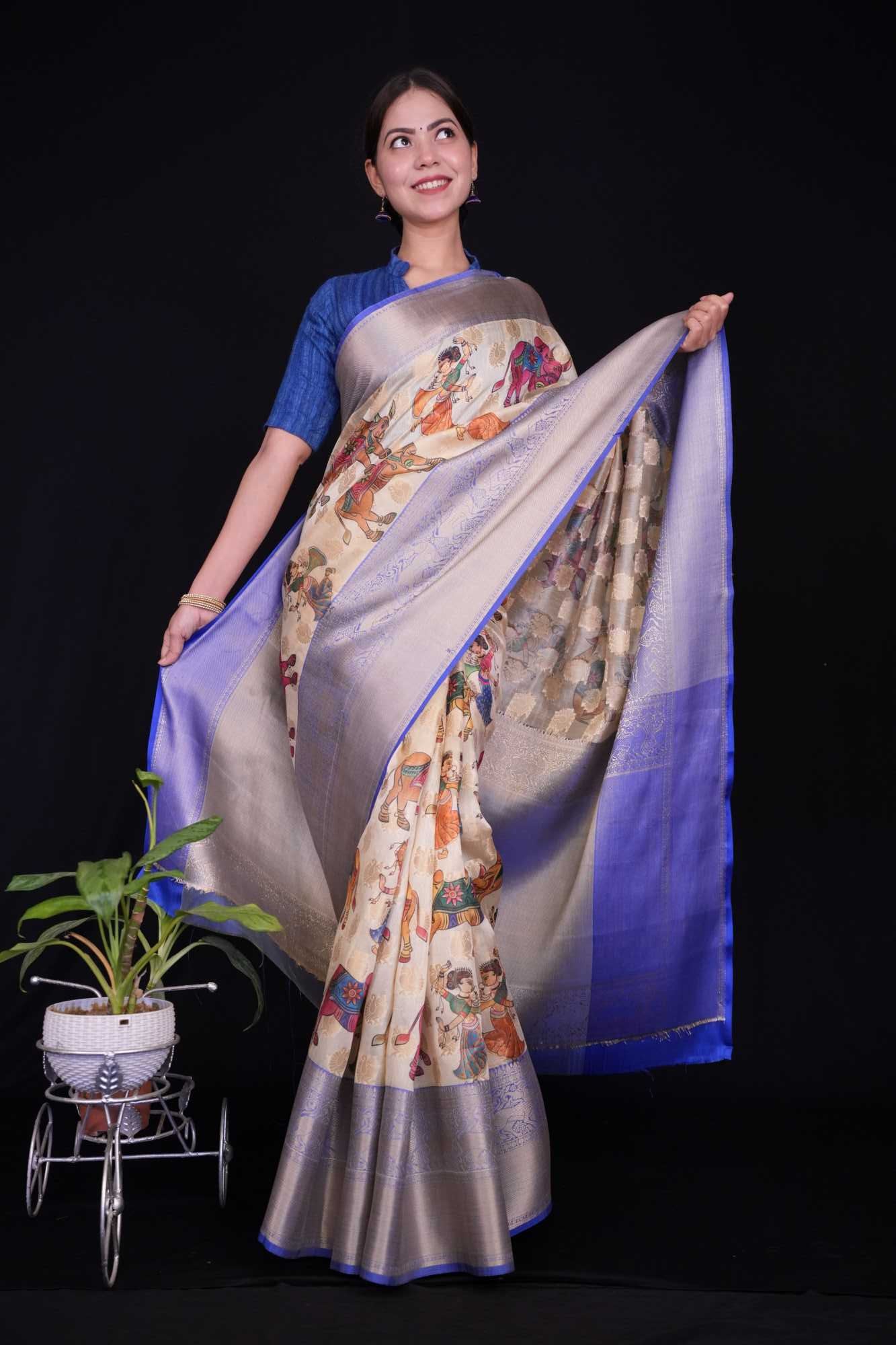 Traditional Kalamkari Pre-stitched Ready to Wear Saree with zari woven border and ornate pallu