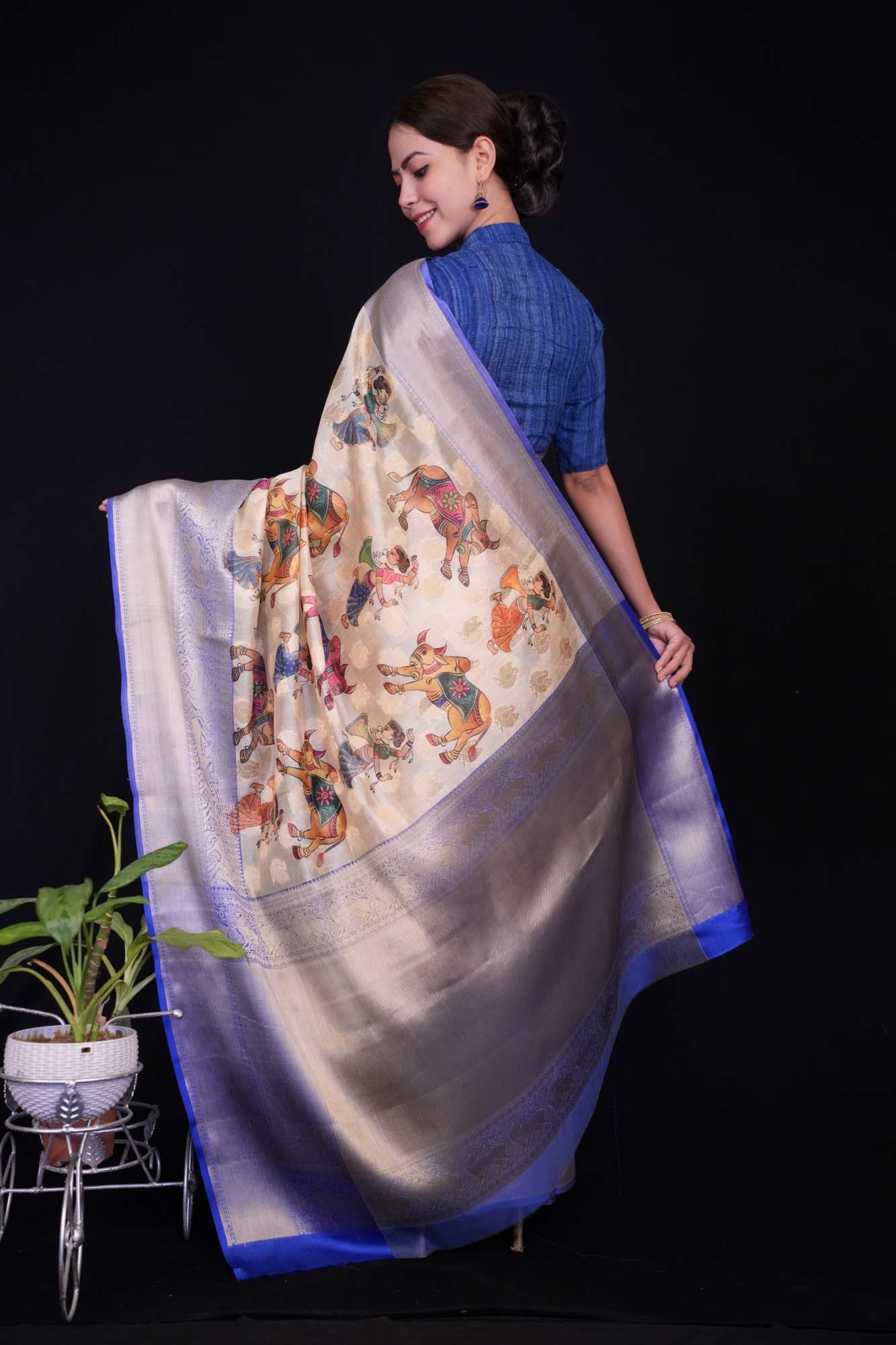 Traditional Kalamkari Pre-stitched Ready to Wear Saree with zari woven border and ornate pallu