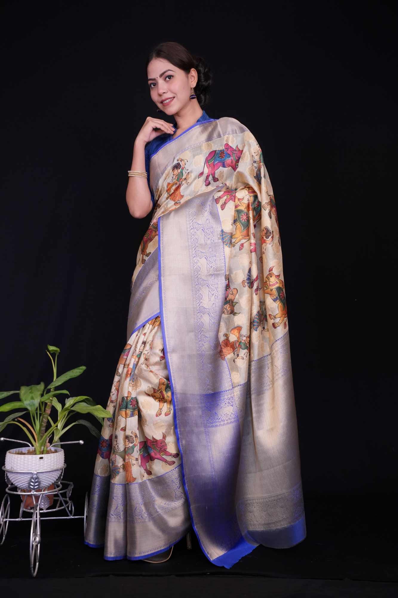 Traditional Kalamkari Pre-stitched Ready to Wear Saree with zari woven border and ornate pallu