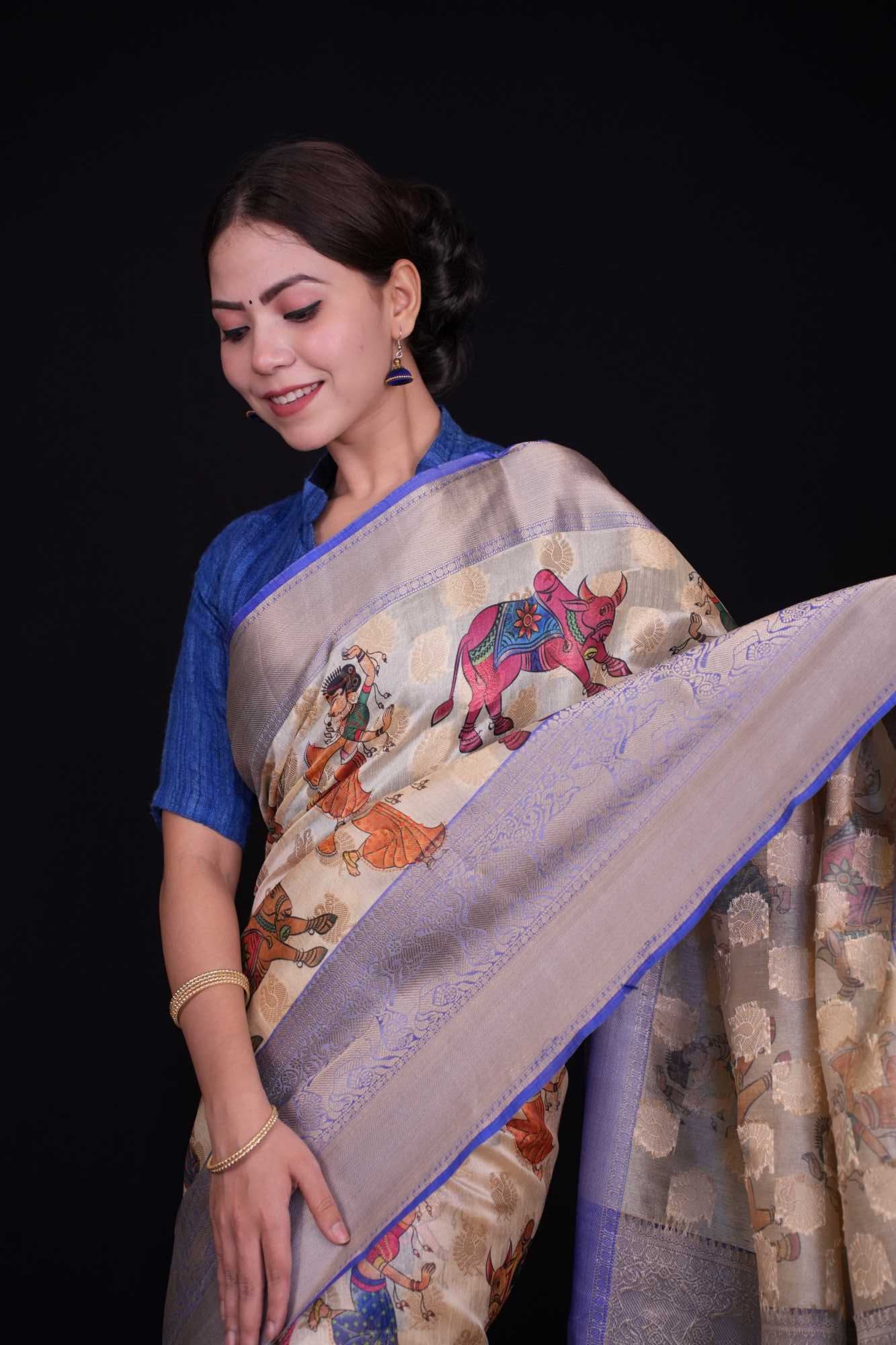 Traditional Kalamkari Pre-stitched Ready to Wear Saree with zari woven border and ornate pallu